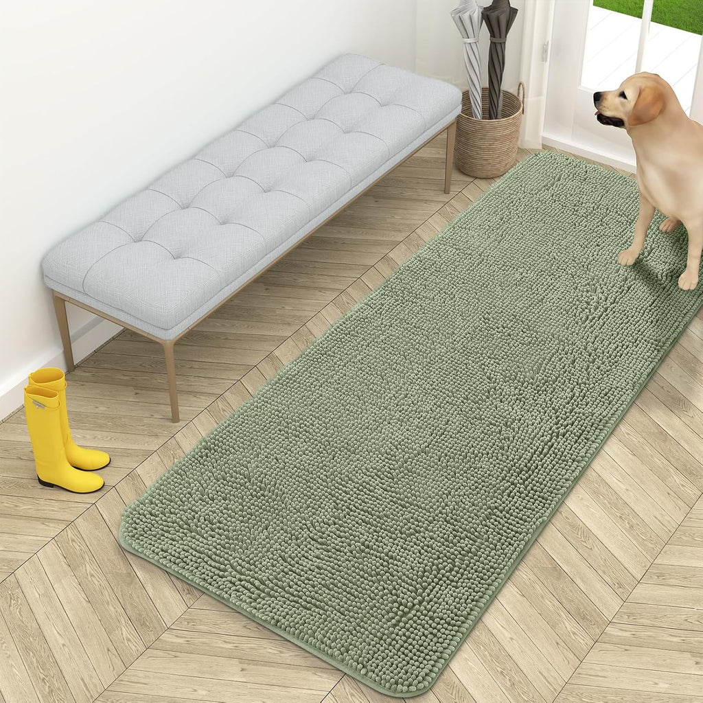 OLANLY Dog Door Mat - Absorbent Non-Slip Chenille Mat for Muddy Paws | 59x24 Inches, Sage Green