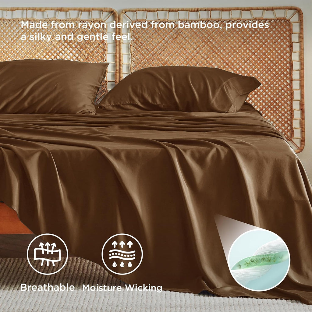 Bedsure Cooling California King Sheet Set - Breathable Rayon from Bamboo, Soft & Silky, Deep Pocket Up to 16 Inches, Brown