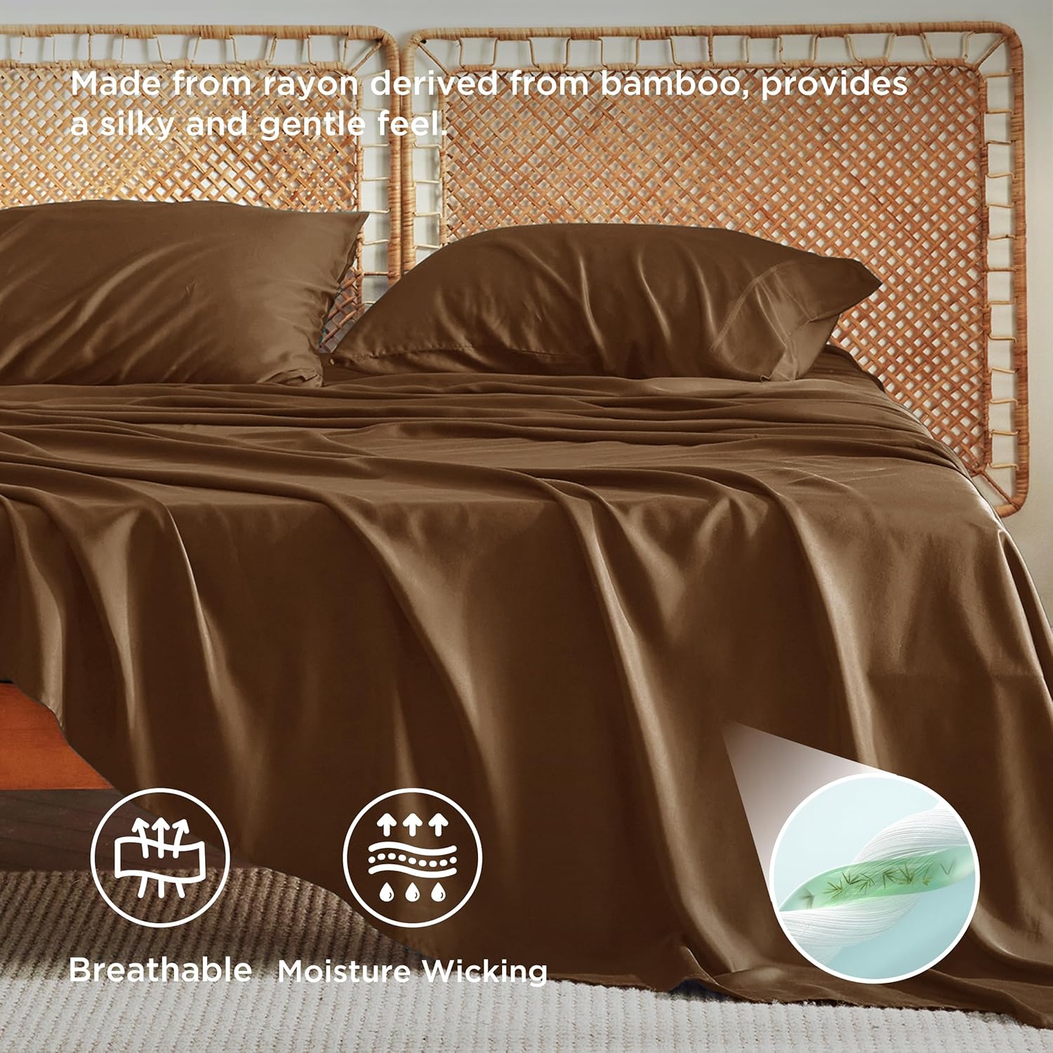 Bedsure Cooling California King Sheet Set - Breathable Rayon from Bamboo, Soft & Silky, Deep Pocket Up to 16 Inches, Brown