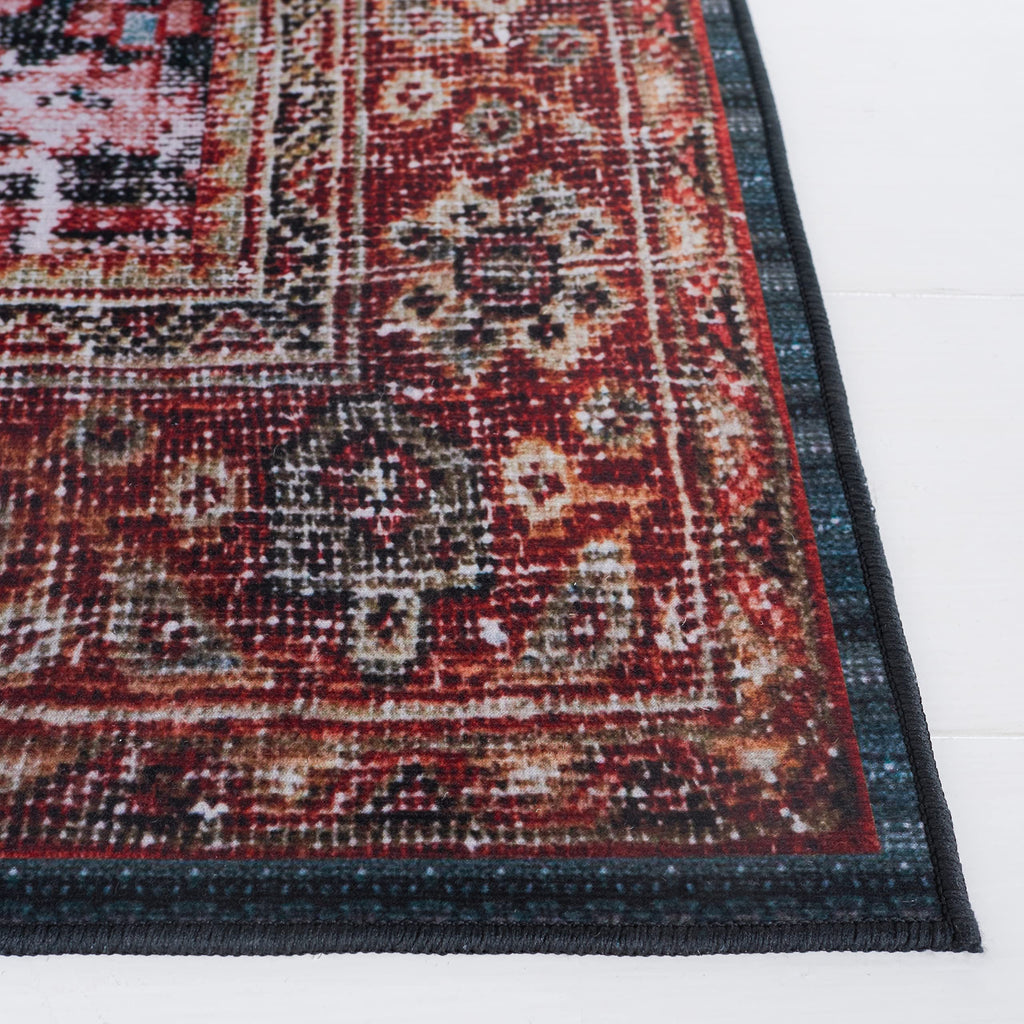 SAFAVIEH Washable Rug Tucson Collection - 8' Square, Rust & Green, Slip Resistant & Easy to Clean, Ideal for Living Room, Bedroom, Dining Space (TSN114P)