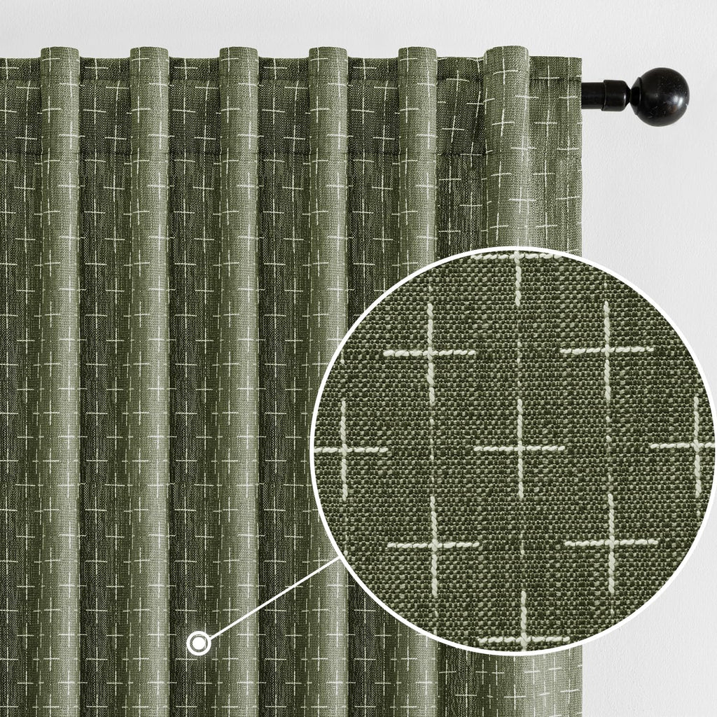 MIULEE Linen Curtains - Geometric Patterned Drapes for Living Room & Bedroom | 84-Inch Olive Green, 2 Panels Set