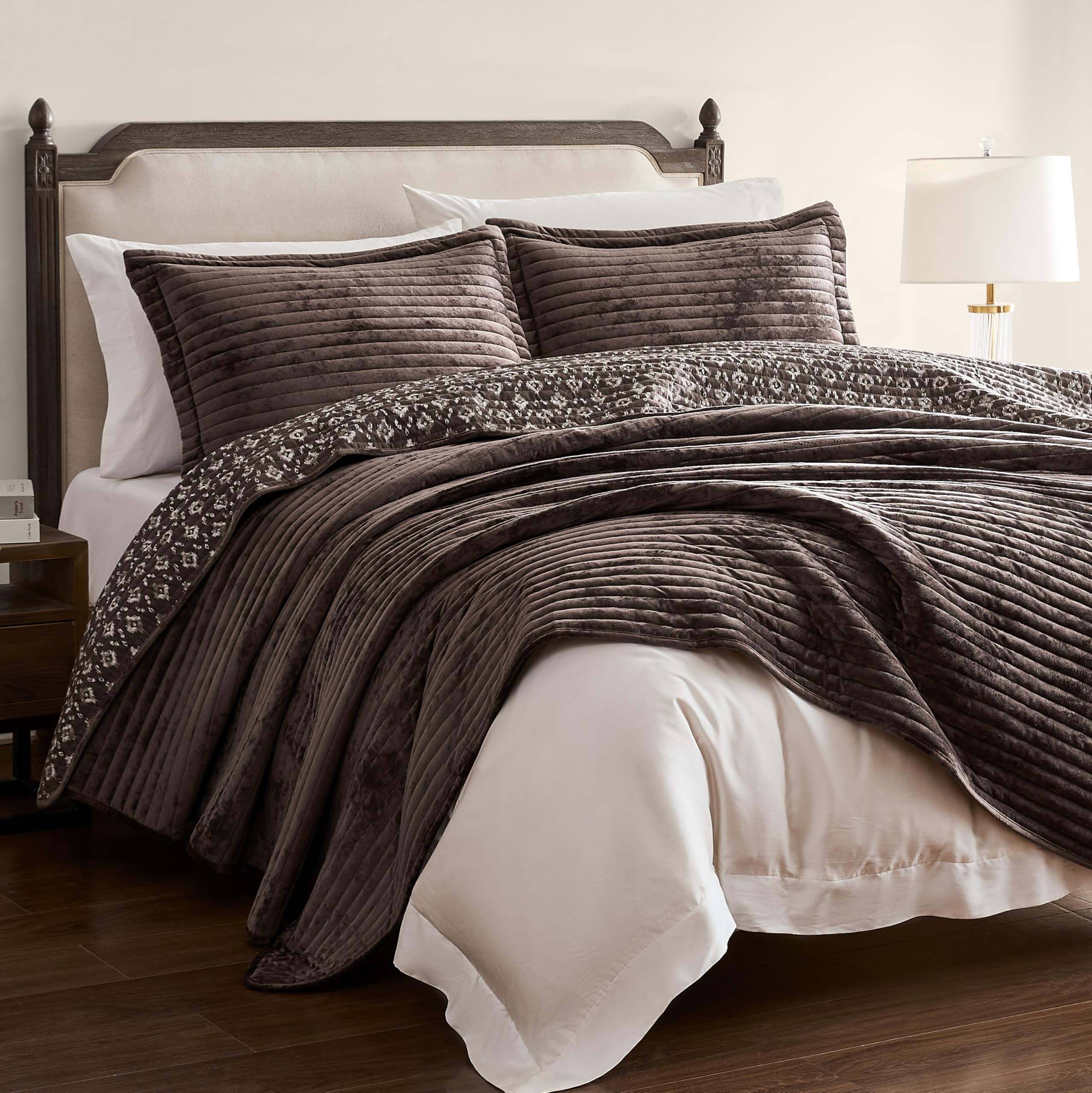 WDCOZY Velvet Queen Size Quilt Set - Chocolate Striped Soft Lightweight Bedspread, Dark Brown Neutral Channel Farmhouse Country Rustic Coverlet, Coffee Modern Bedding Warm Thin Comforter, 3 Pieces