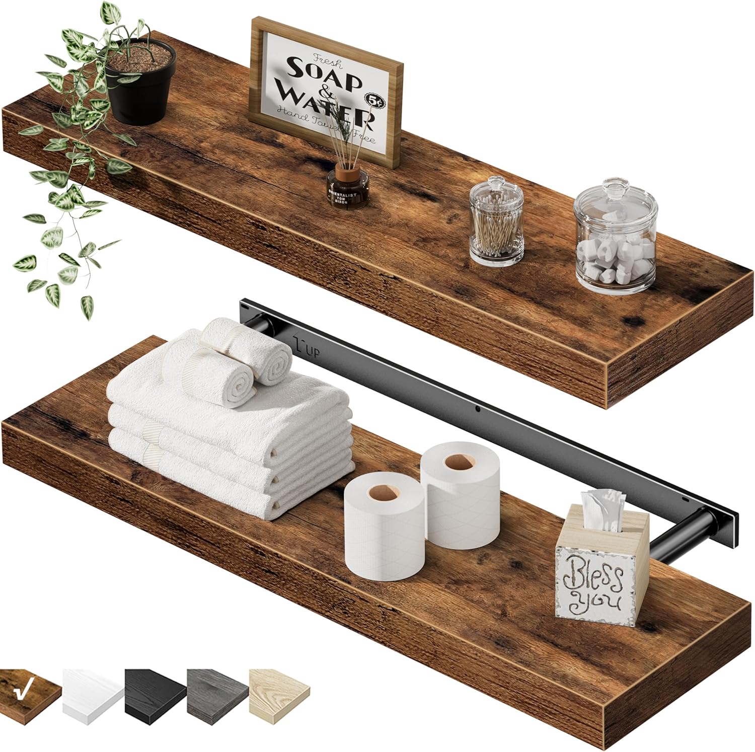 QEEIG Floating Shelves - Rustic Wall-Mounted Display Shelf Set of 2 | 23.6" Long for Home Decor