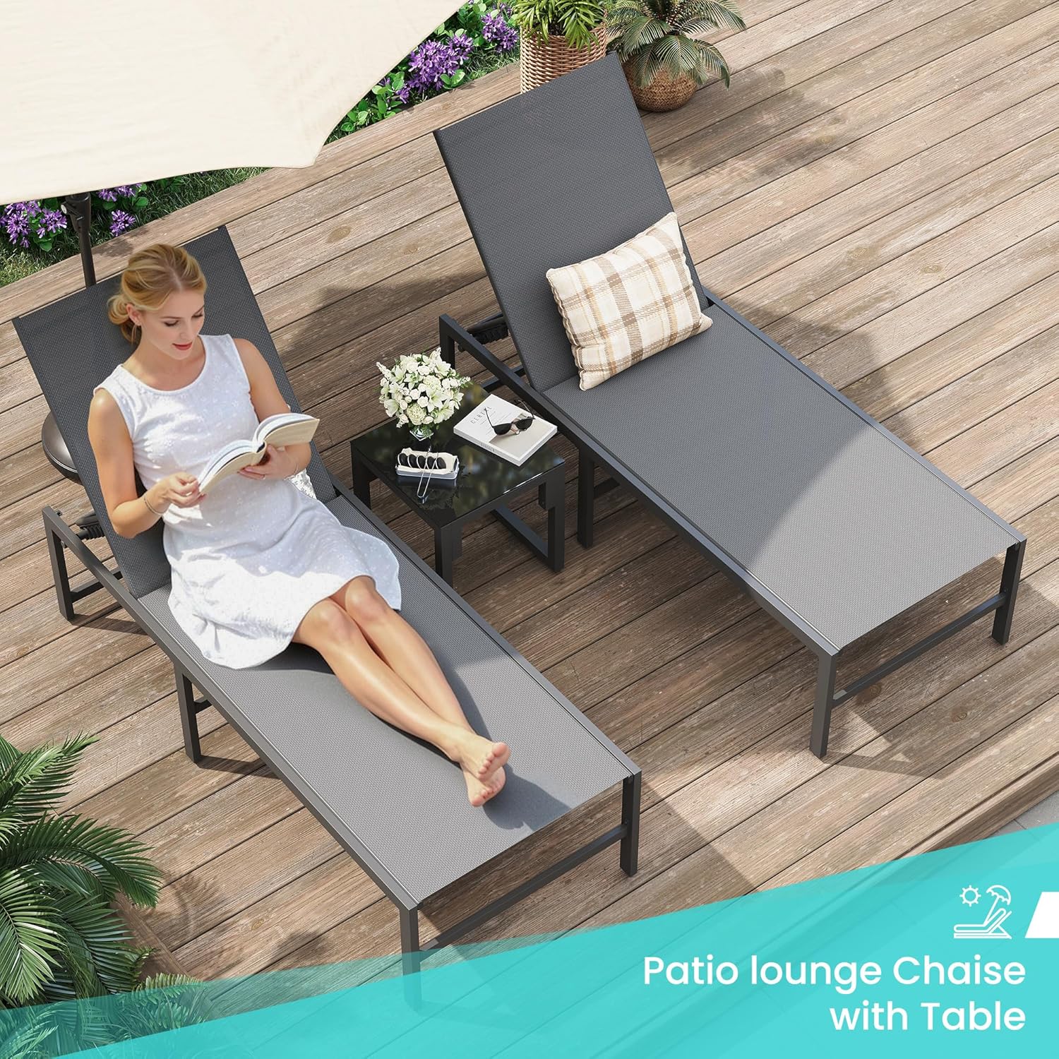 Amopatio 3-Piece Patio Lounge Chair Set - Adjustable Outdoor Chaise Lounge with Side Table | Weather-Resistant, 400 LBS Capacity (Gray)