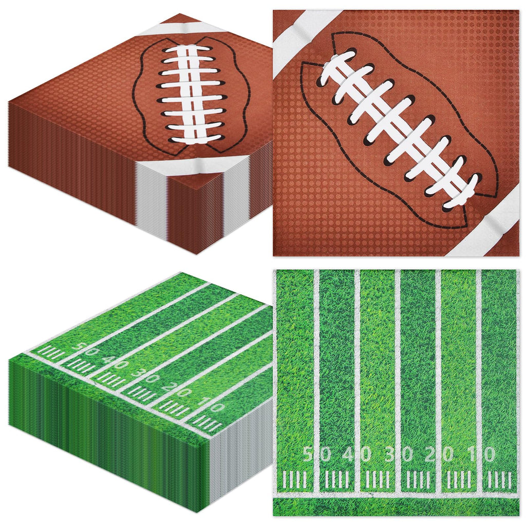 80 Count Football Paper Napkins - 2 Pattern 13 x 13 Inches Disposable Beverage Cocktail Napkins with Sports Ball and Field Designs for Tailgate Parties, Birthdays, and Sports Events