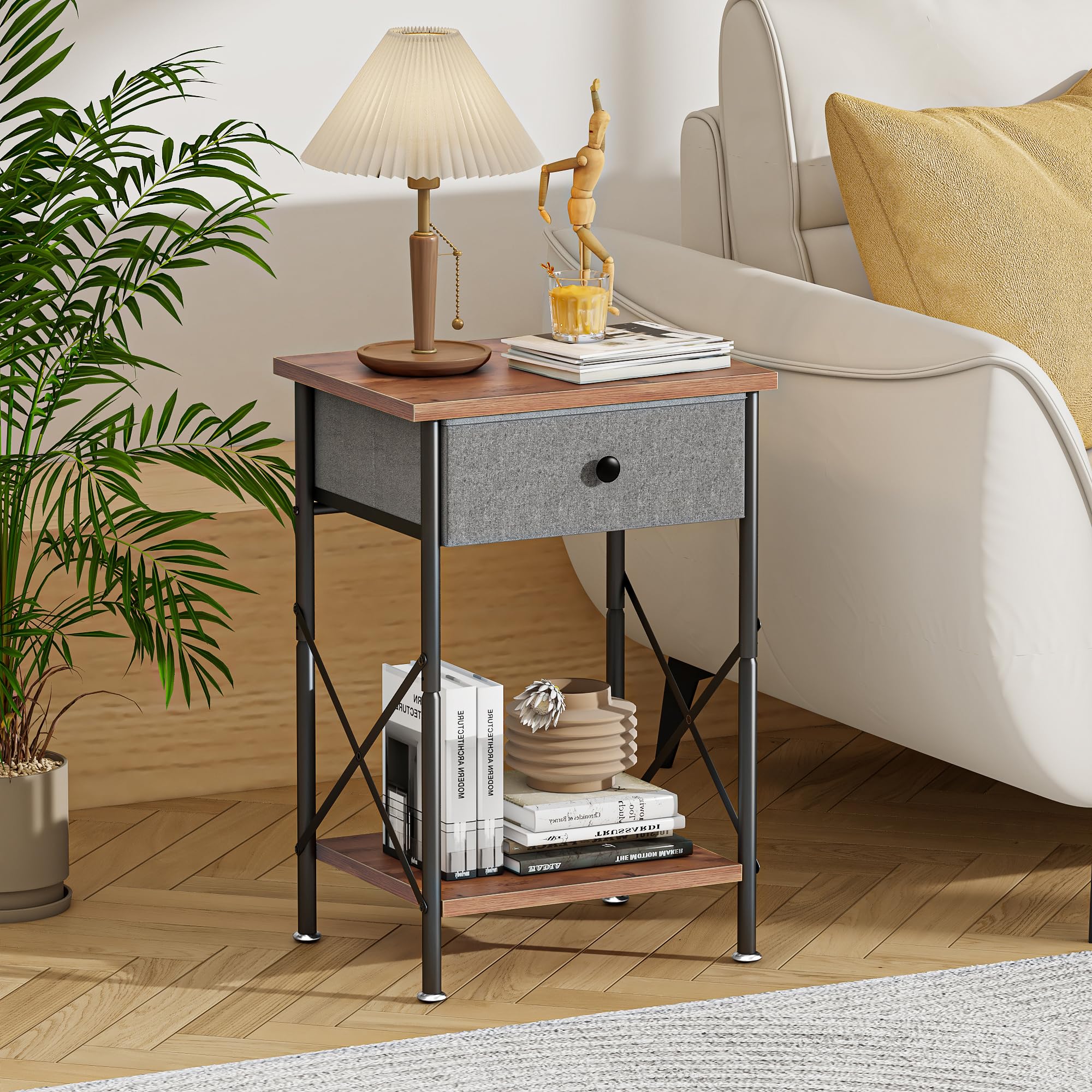VECELO End Tables, Modern Nightstands with Drawer & Open Shelf, Side Table for Bedroom Living Room, Industrial Metal Frame, Easy Assembly, Rustic Brown,1 Pack