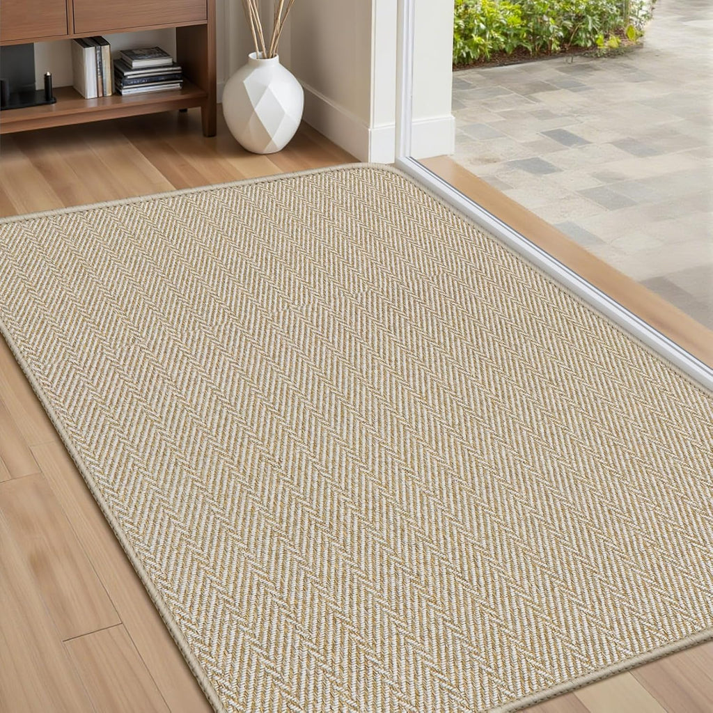 Skiennix Ultra Thin Indoor Door Mat - Non-Slip Herringbone Design | 24"x36", Beige Entryway Mat