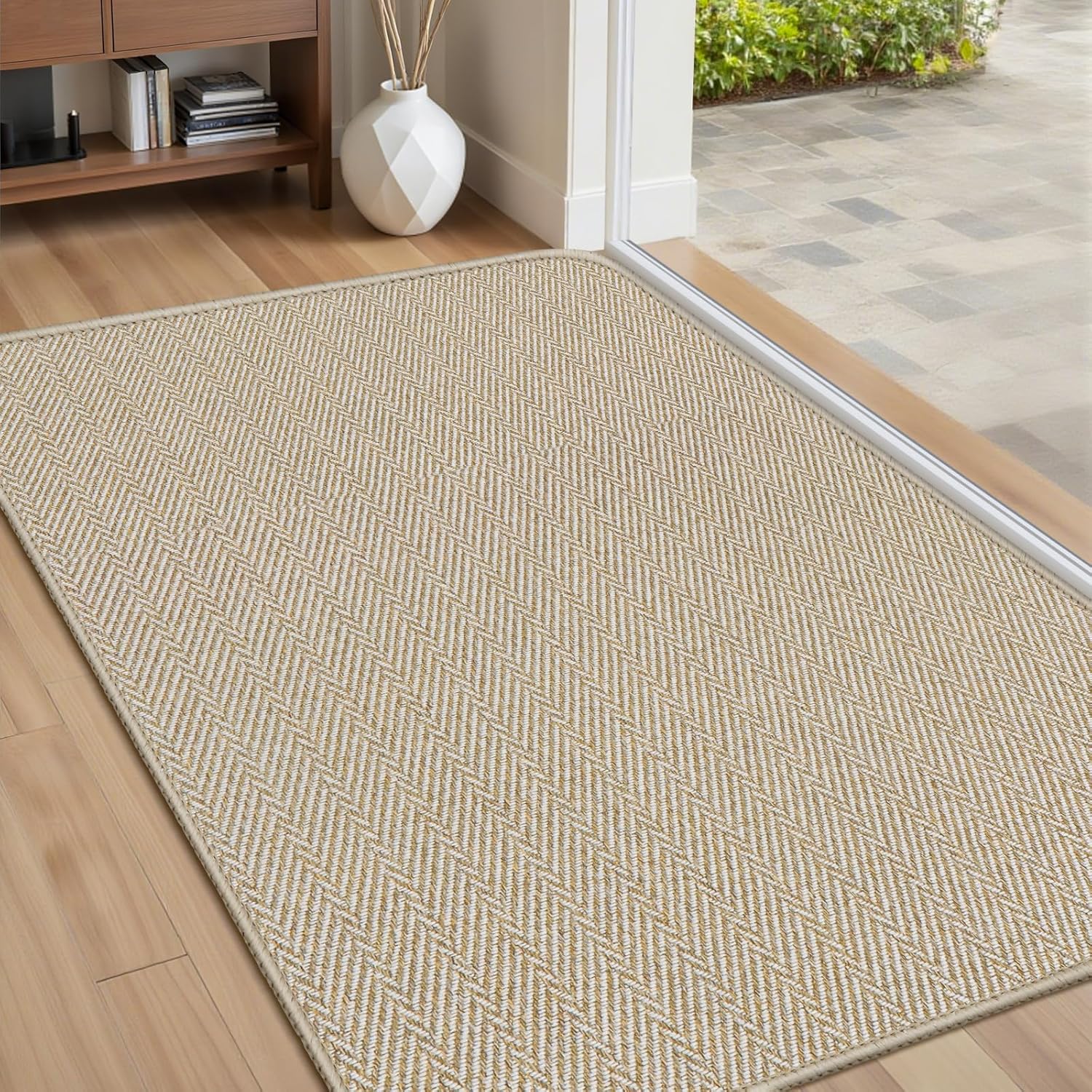Skiennix Ultra Thin Indoor Door Mat - Non-Slip Herringbone Design | 24"x36", Beige Entryway Mat