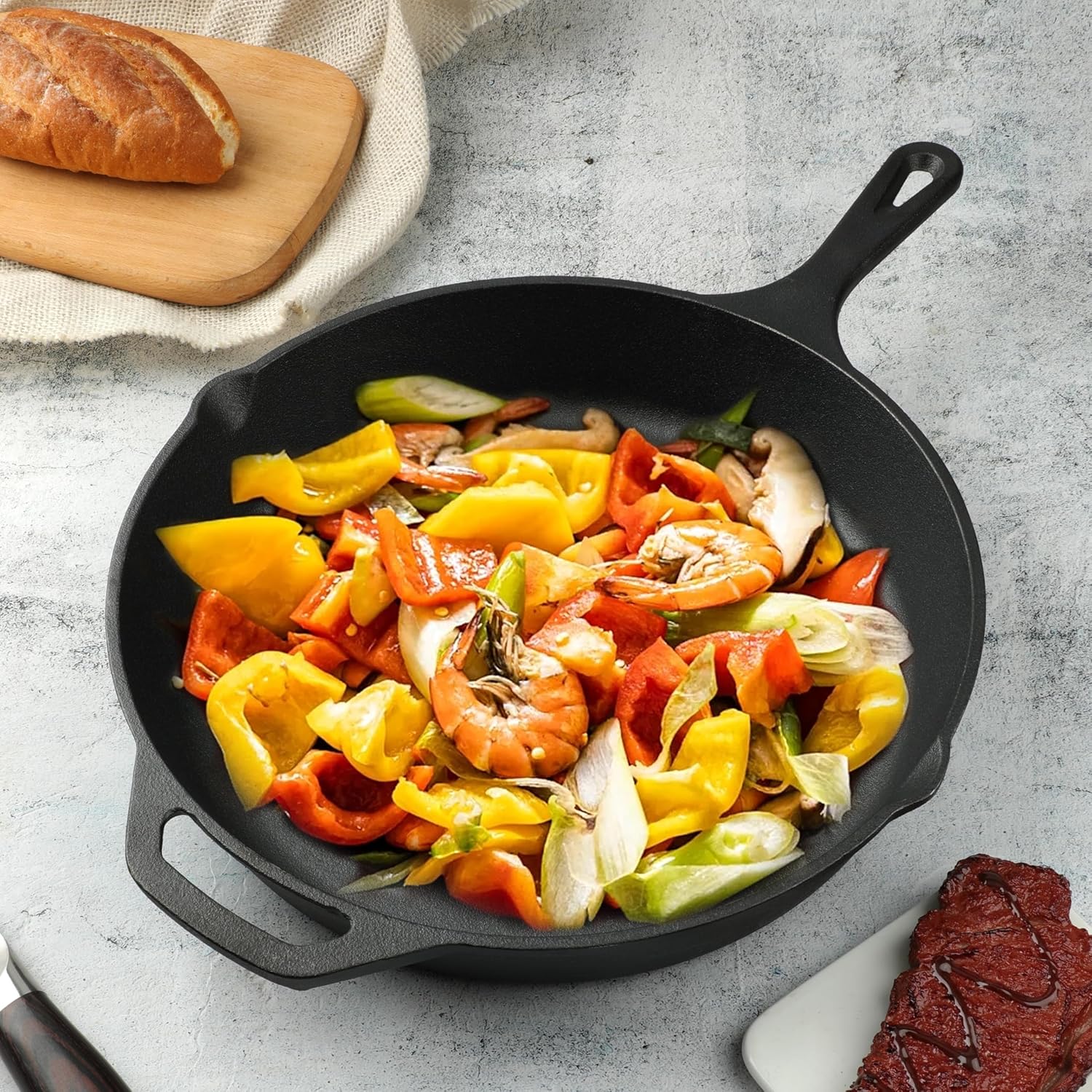 Skiennix 12-Inch Cast Iron Skillet - Pre-Seasoned Frying Pan for Oven, Stovetop & Grill, Durable Black Cookware