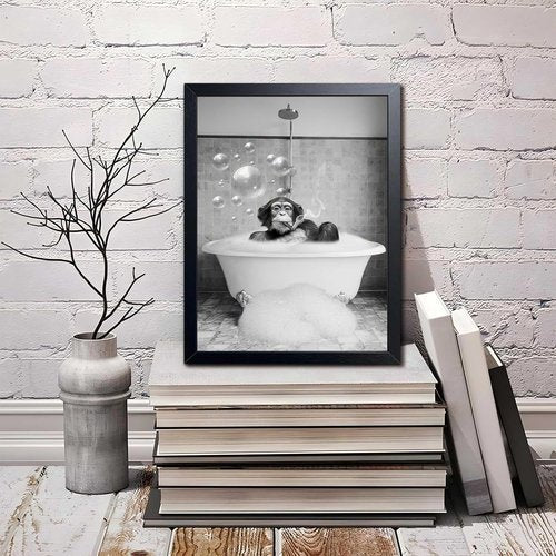 Chimpanzee Art by Framed | Fun Black and White Bathroom Canvas | Retro Animal Decor 8x10 Inches