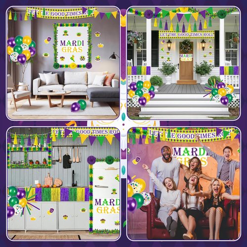 54Pcs Mardi Gras Float Parade Car Decorations Kit - Purple Green Gold Tinsel Garlands Banners Balloons for Vehicle Carnival Party Decor