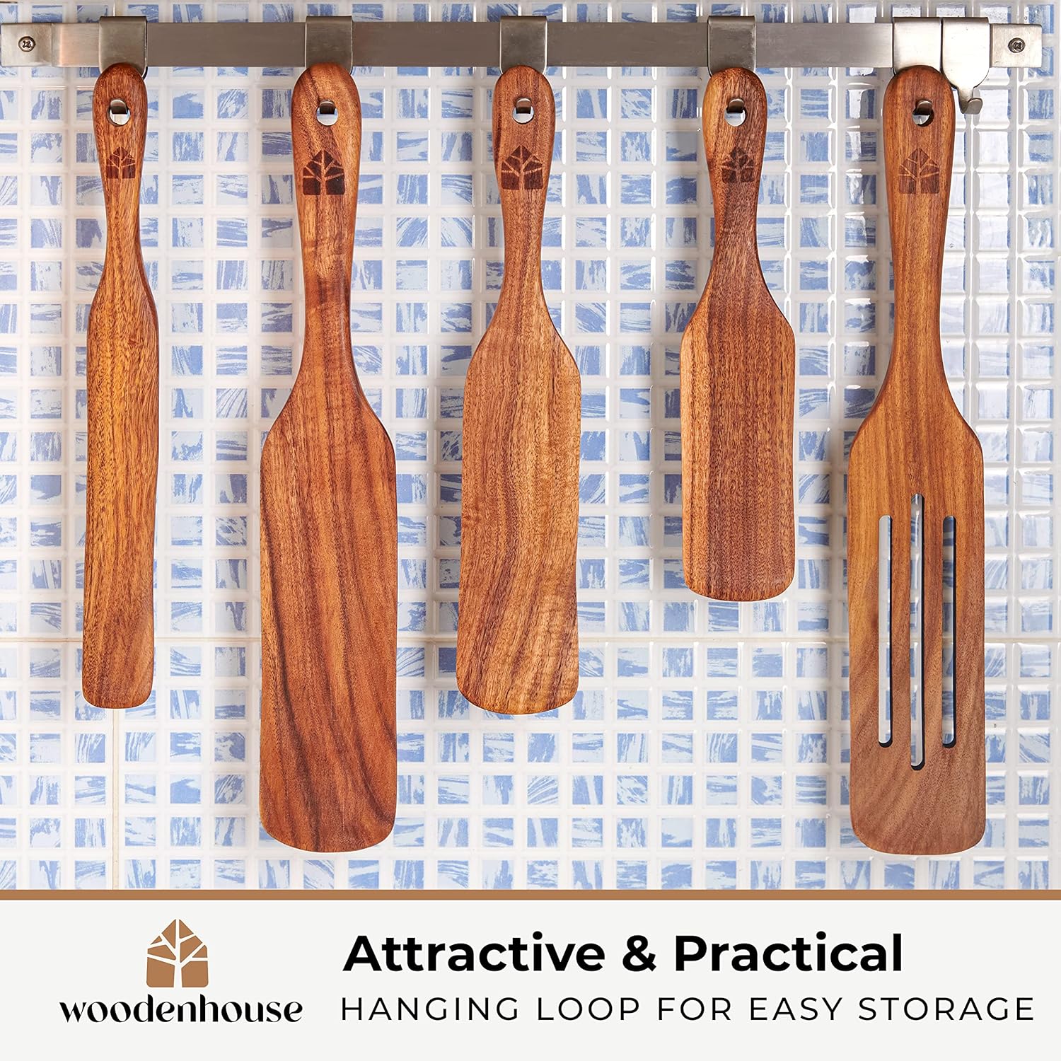 Woodenhouse Teak Spurtle Set of 5 - Versatile Kitchen Tools for Serving, Stirring, Mixing & Scraping