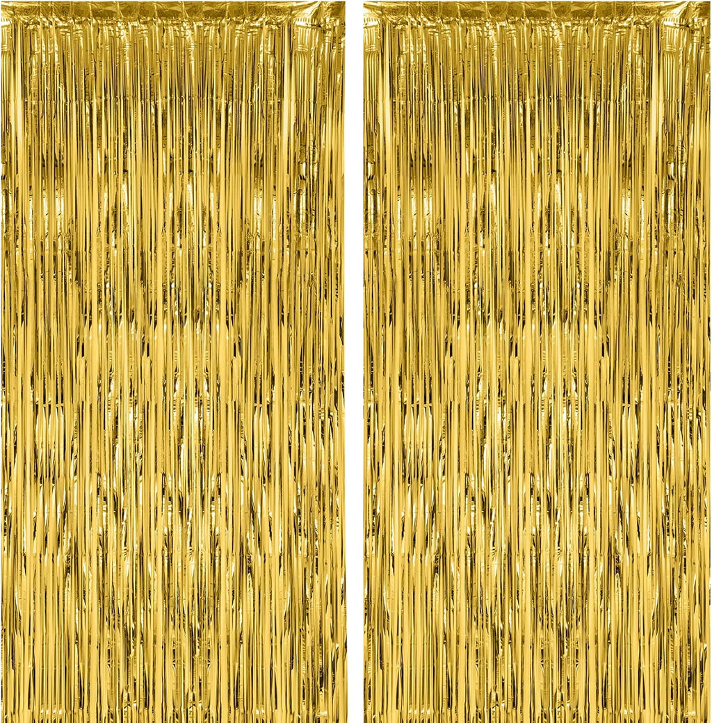 Voircoloria Gold Foil Fringe Backdrop Curtains - 2 Pack Tinsel Streamers for Parties & Celebrations