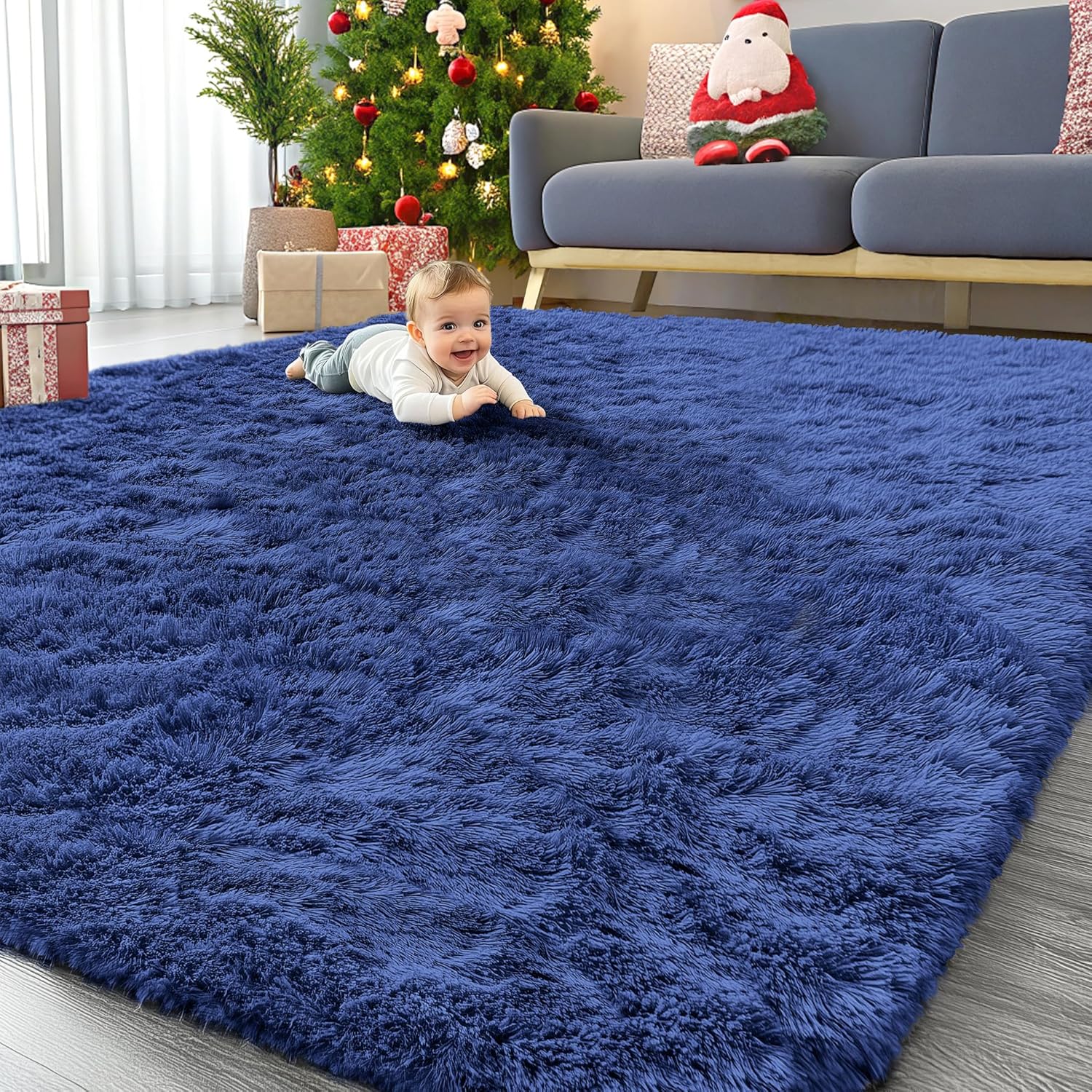 OLANLY Large Area Rug - Soft Fluffy Shaggy Carpet for Living Room & Bedroom | Navy Blue, Machine Washable