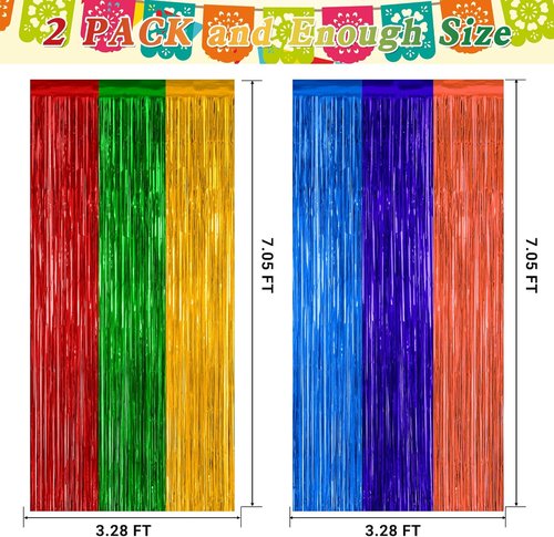 Cinco De Mayo Decorations by [Brand Name] - 2 Pack Fiesta Rainbow Backdrop | 3.28 FT x 7.05 FT Tinsel Curtains