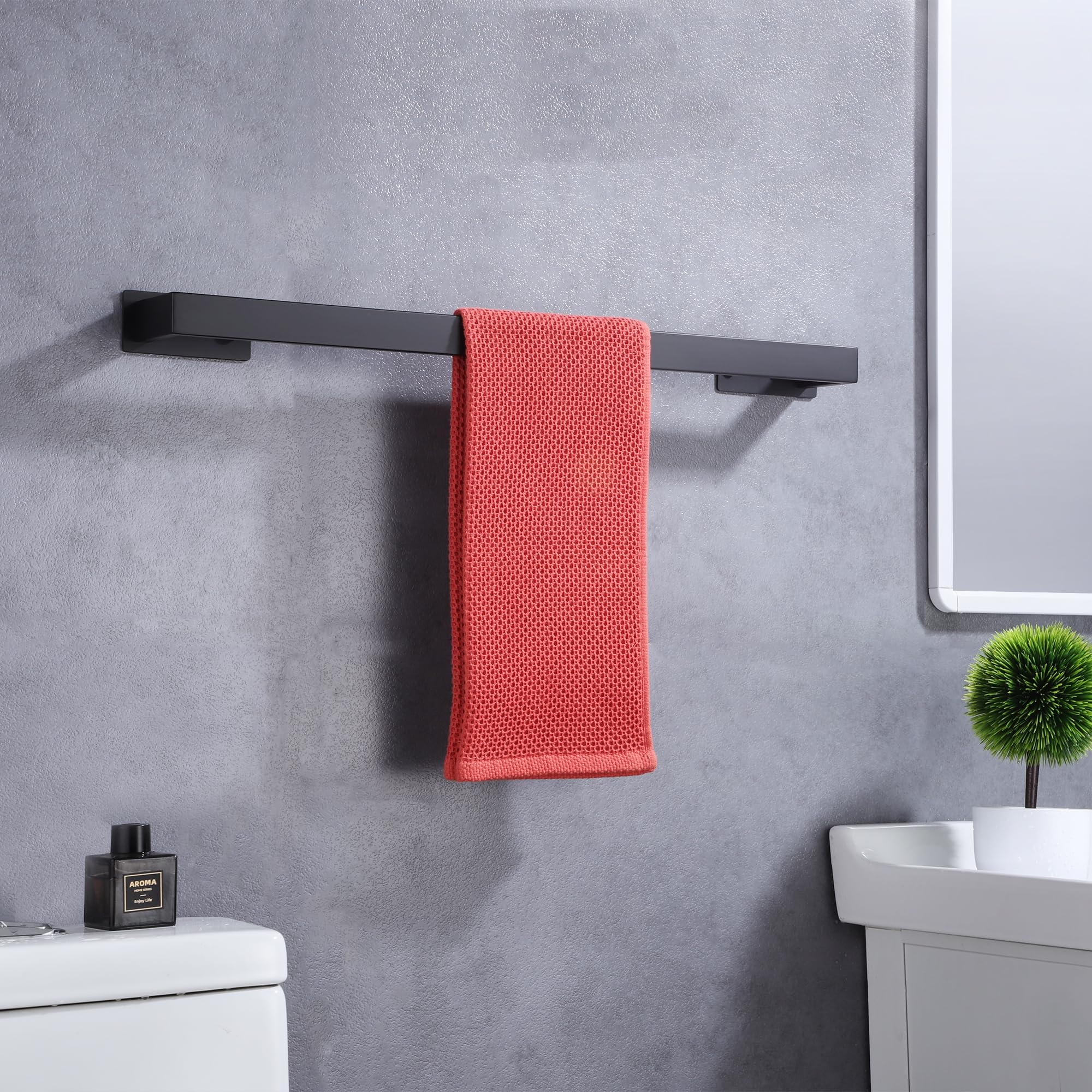 LANC Matte Black 24-Inch Bath Towel Rack Self-Adhesive Bathroom Towel Bar for Wall Mounted and Drill Free Towel Rod, Sticky on Kitchen Bathroom Towel Holder Stainless Steel, A8310MB-L6