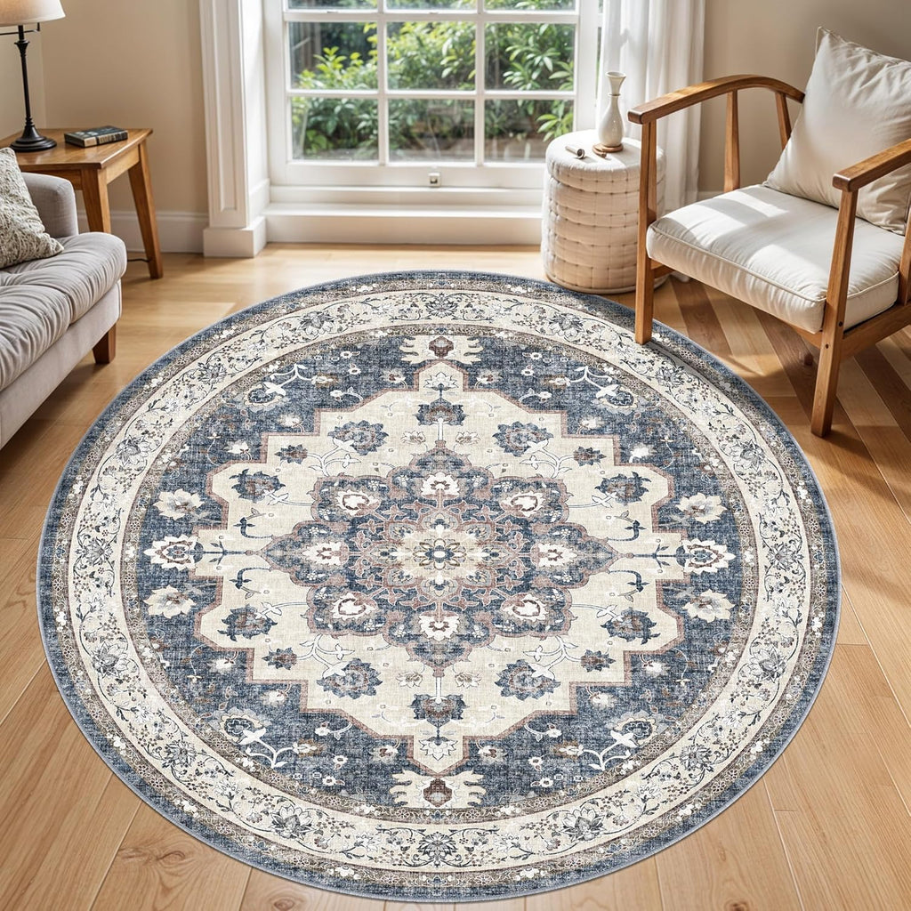 Skiennix Washable Circle Rug - 6ft Round Ultra Thin Soft Carpet | Water Resistant Floral Design in Blue