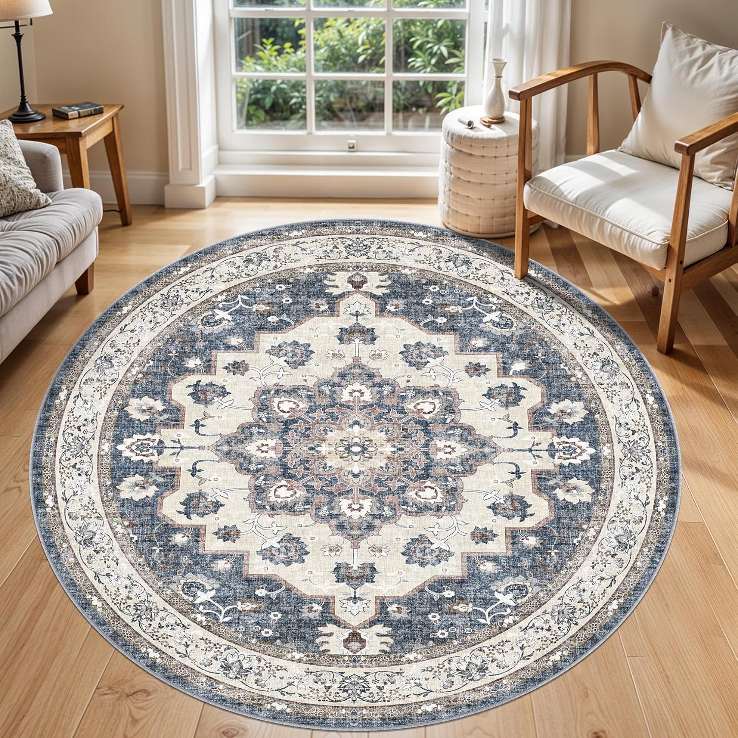 Skiennix Washable Circle Rug - 6ft Round Ultra Thin Soft Carpet | Water Resistant Floral Design in Blue