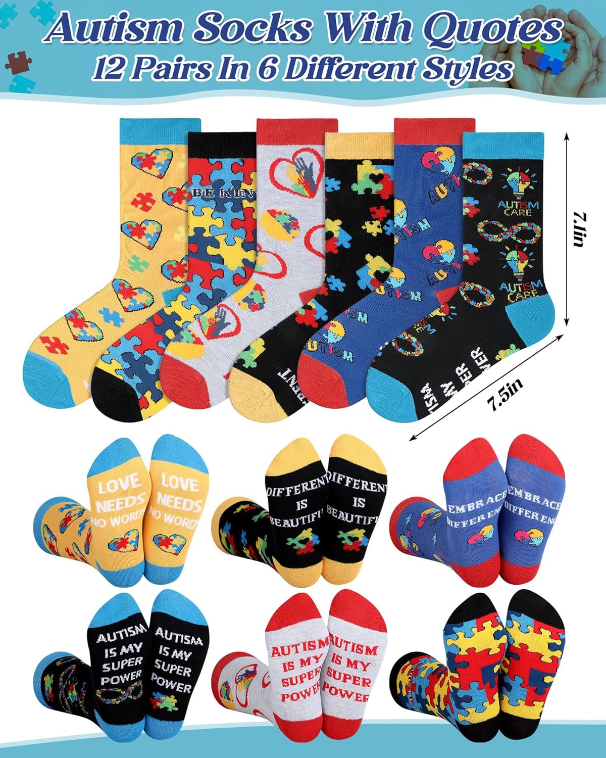 Skiennix Autism Awareness Socks - 12 Pairs Colorful Graphic Design for Adults | Perfect Gift for Autism Month