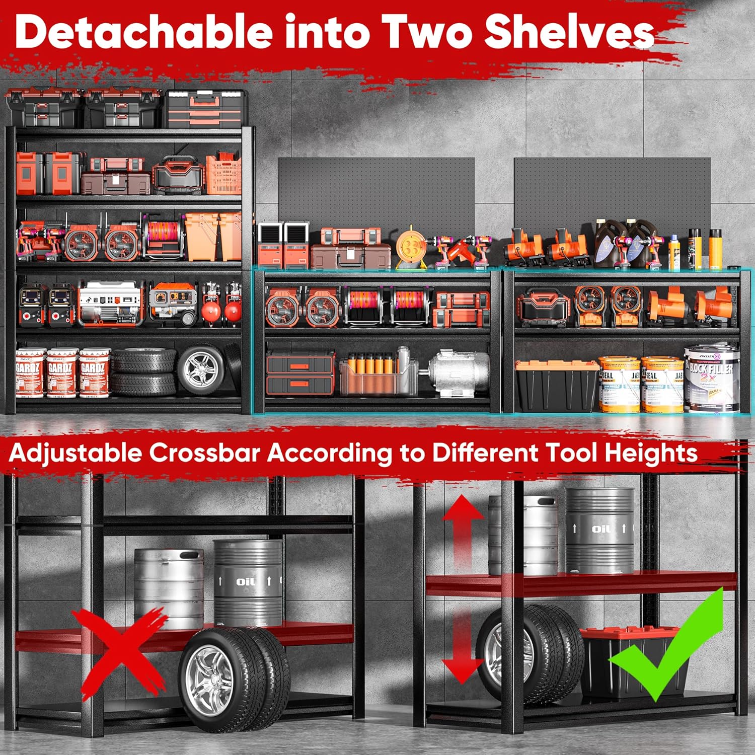 POKIPO Heavy Duty Garage Shelving - 5 Tier Utility Shelf Units, Adjustable Metal Storage Rack | 72"H x 47.2"W x 23.6"D, 3500LBS Capacity