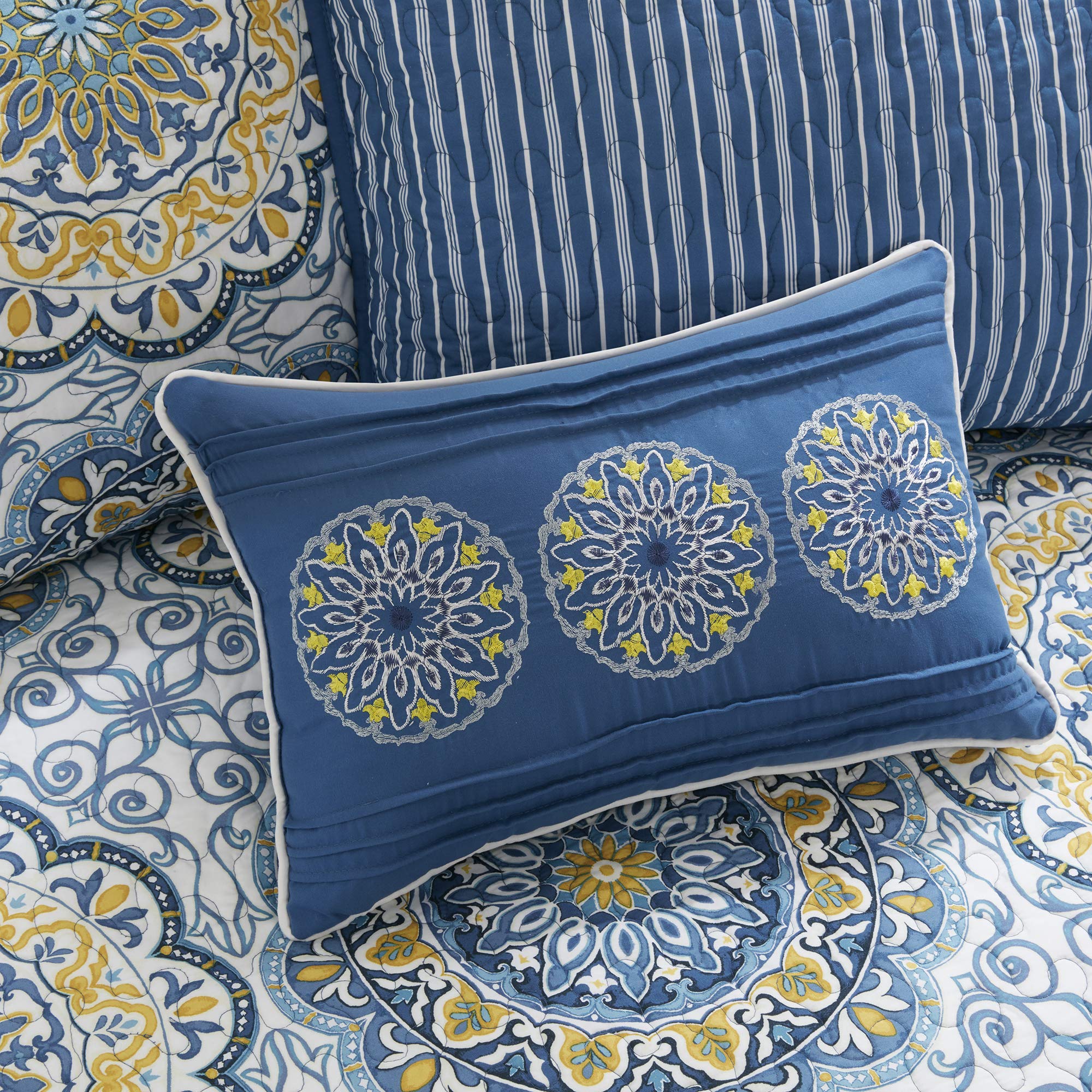 Madison Park Daybed Cover Set-Double Sided Quilting Casual Design All Season Bedding with Bedskirt, Matching Shams, Decorative Pillow, 75"x39", Medallion Blue 6 Piece