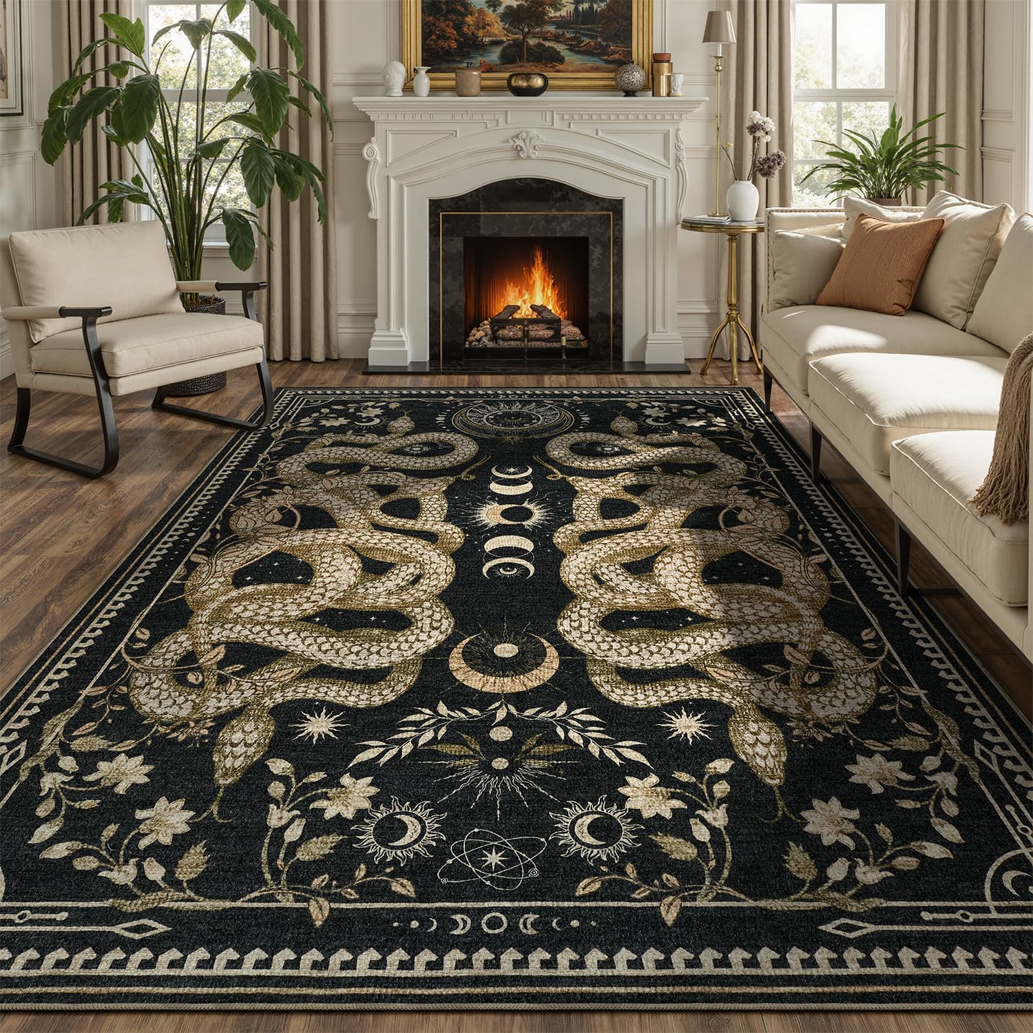 DCX Washable 5x7 Snake Rug, Black Gothic Rug for Living Room, Soft Low Pile Carpet, Kid & Pet Friendly with Rubber Back Non Slip, Stain Resistant Rug for Bedroom Dining Room Office