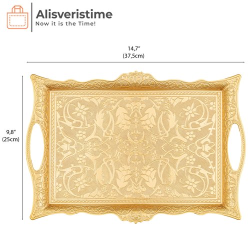 Alisveristime Ottoman Turkish Zamak Serving Tray with Traditional Motifs, Ideal for Coffee and Tea - Six Person Tray (14.5 x 9.85 in) (Gold)