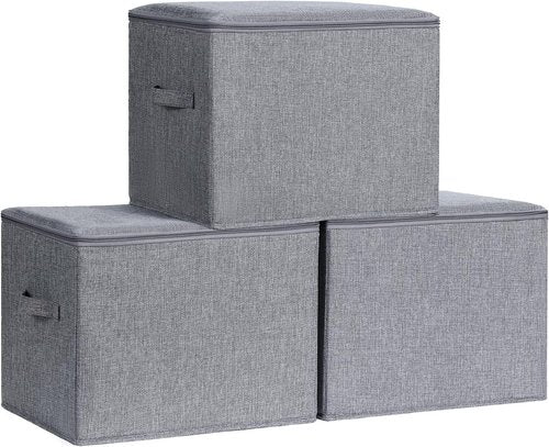 Homsorout Linen Closet Organizers - Large Foldable Storage Bins with Lids | 3-Pack Dark Gray