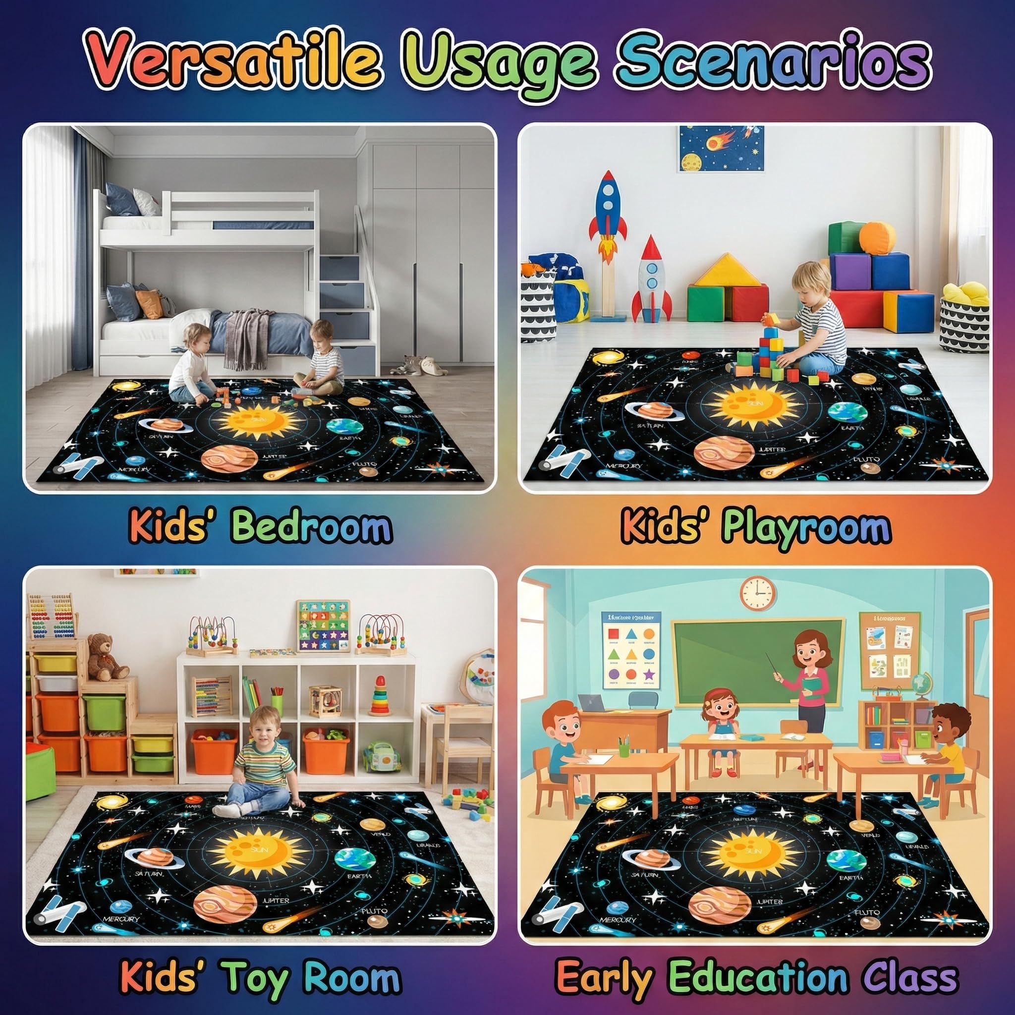 Outer Space Rugs Small Size Universe Solar System Planet Theme Carpets Kids Rugs for Playroom Educational Learning Area Rug for Living Room Bedroom Indoor Crystal Polyester Floor Sofa Mats, 2'×3'