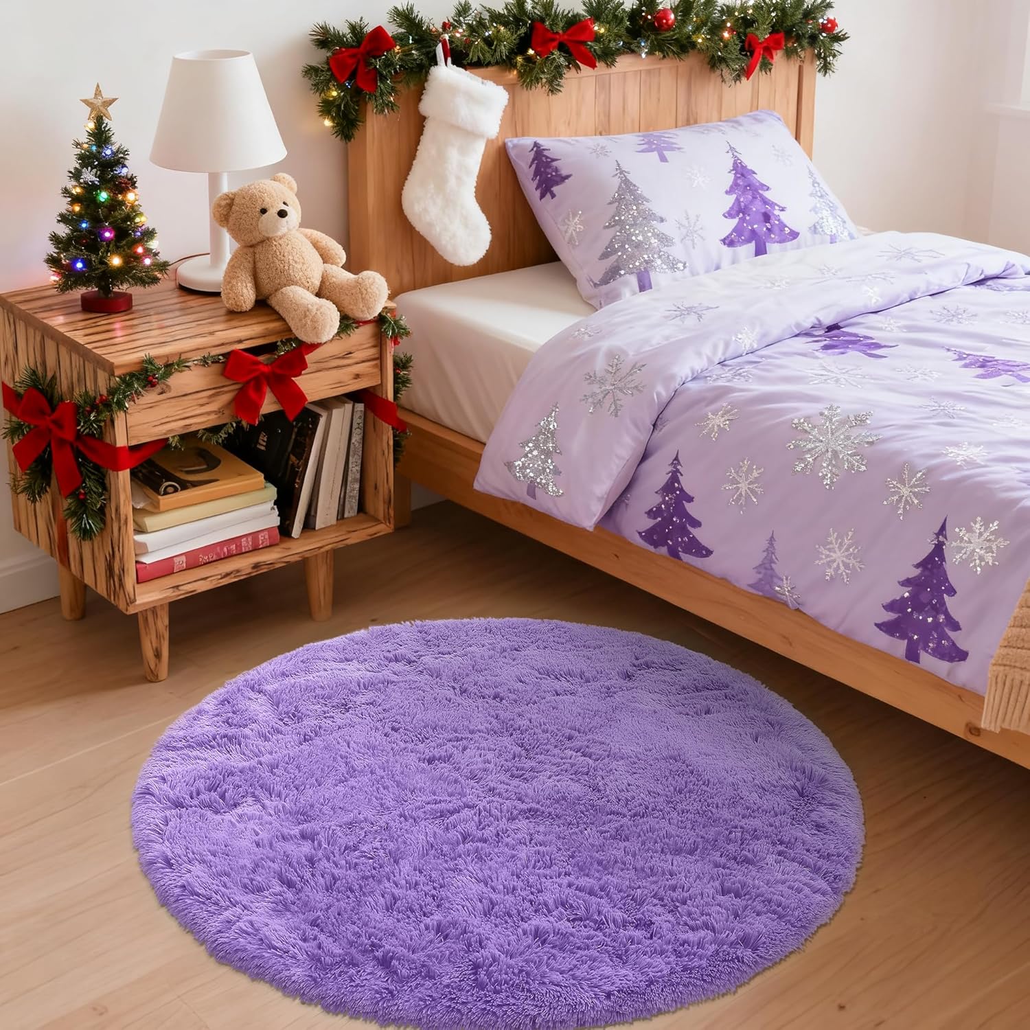 OLANLY Purple Round Area Rug - Soft & Fluffy Machine Washable 3 ft Circle Carpet for Bedroom & Nursery Decor