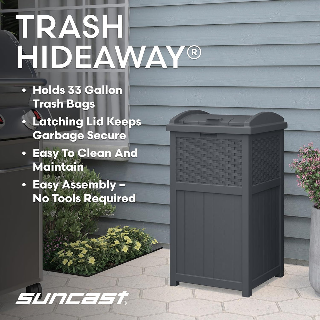 Suncast 33 Gallon Wicker-Style Trash Can - Secure Latching Lid & Weather-Resistant Design | Cyberspace Grey