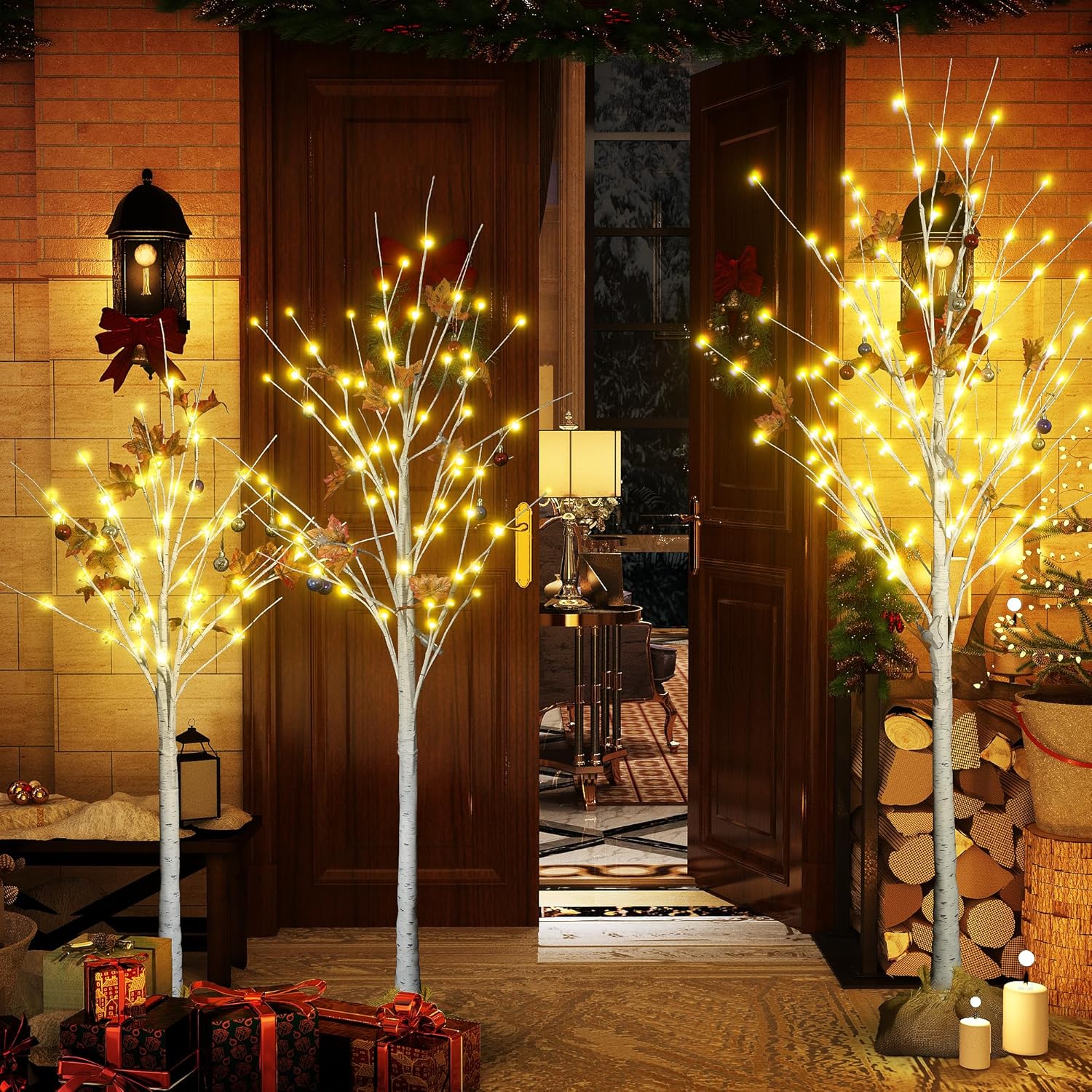 AWQM Artificial Lighted Trees - 3 Pack of 4ft, 5ft & 6ft Warm White LED Christmas Decor for Indoor/Outdoor Use