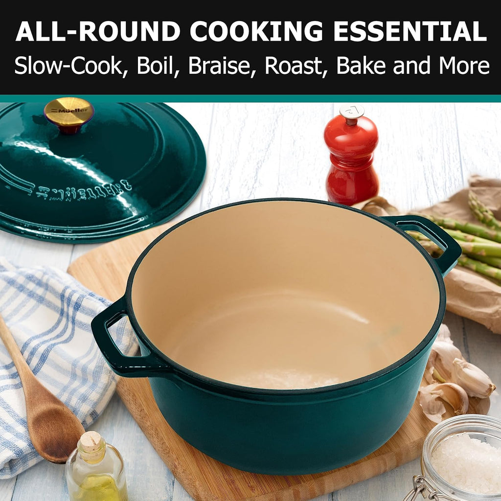 Mueller DuraCast Enameled Cast Iron Dutch Oven - 6 Quart, PFOA-Free, Oven Safe to 500°F | Ideal for Sourdough Baking, Emerald