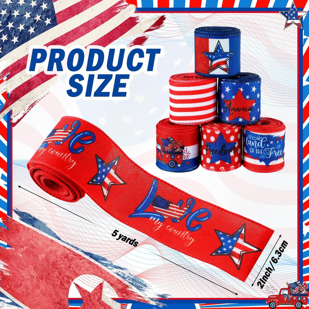 Skiennix Memorial Day Ribbon - 12 Rolls of 60 Yards Stars & Stripes Burlap Wired Edge | Patriotic Crafting