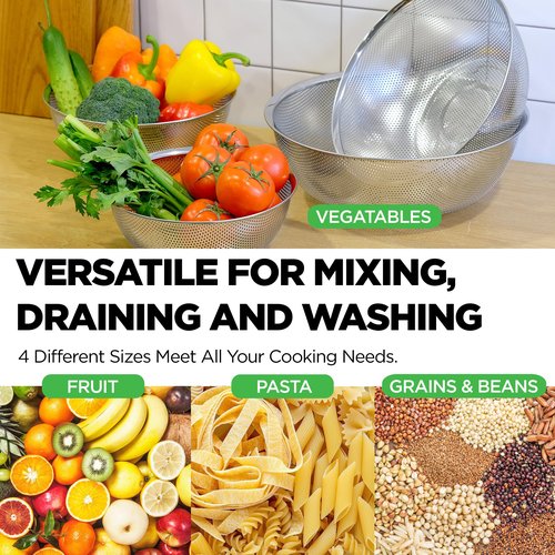COMPORT K Premium 18/8 304 Stainless Steel Micro-Perforated Small and Big Colander Set of 4 with rings - 3.5-5.5-7.5-9.5 Quart Set, Self-Draining Solid Base for Pasta, Fruits, Vegetables
