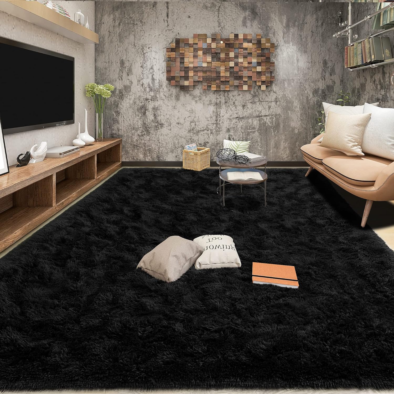 Tepook Super Soft Fluffy Rug - Modern Shaggy Fuzzy Carpet for Bedroom & Nursery | Black, 4 x 6 Feet