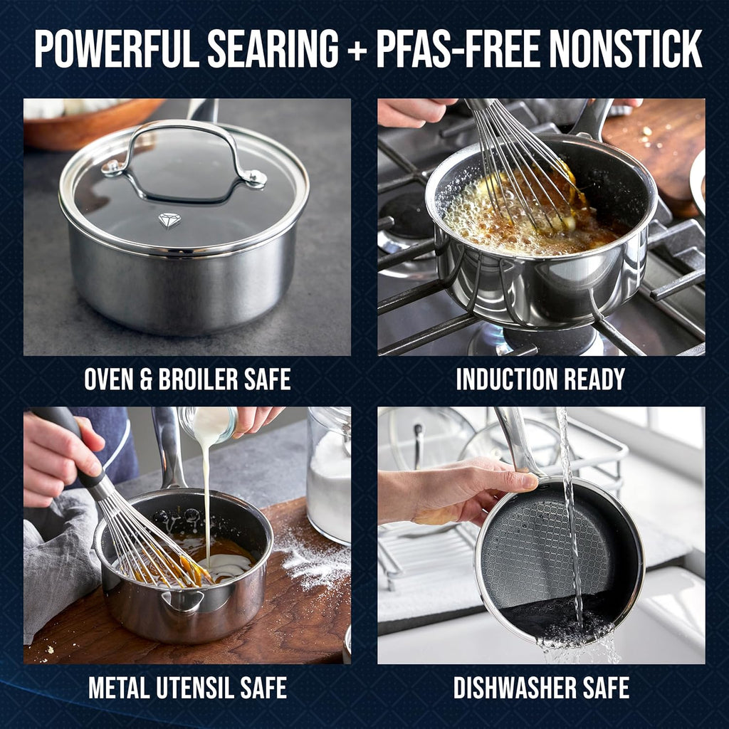 Blue Diamond Hybrid Nonstick Saucepan - 1.57QT, PFAS-Free Ceramic, Glass Lid, Induction Ready