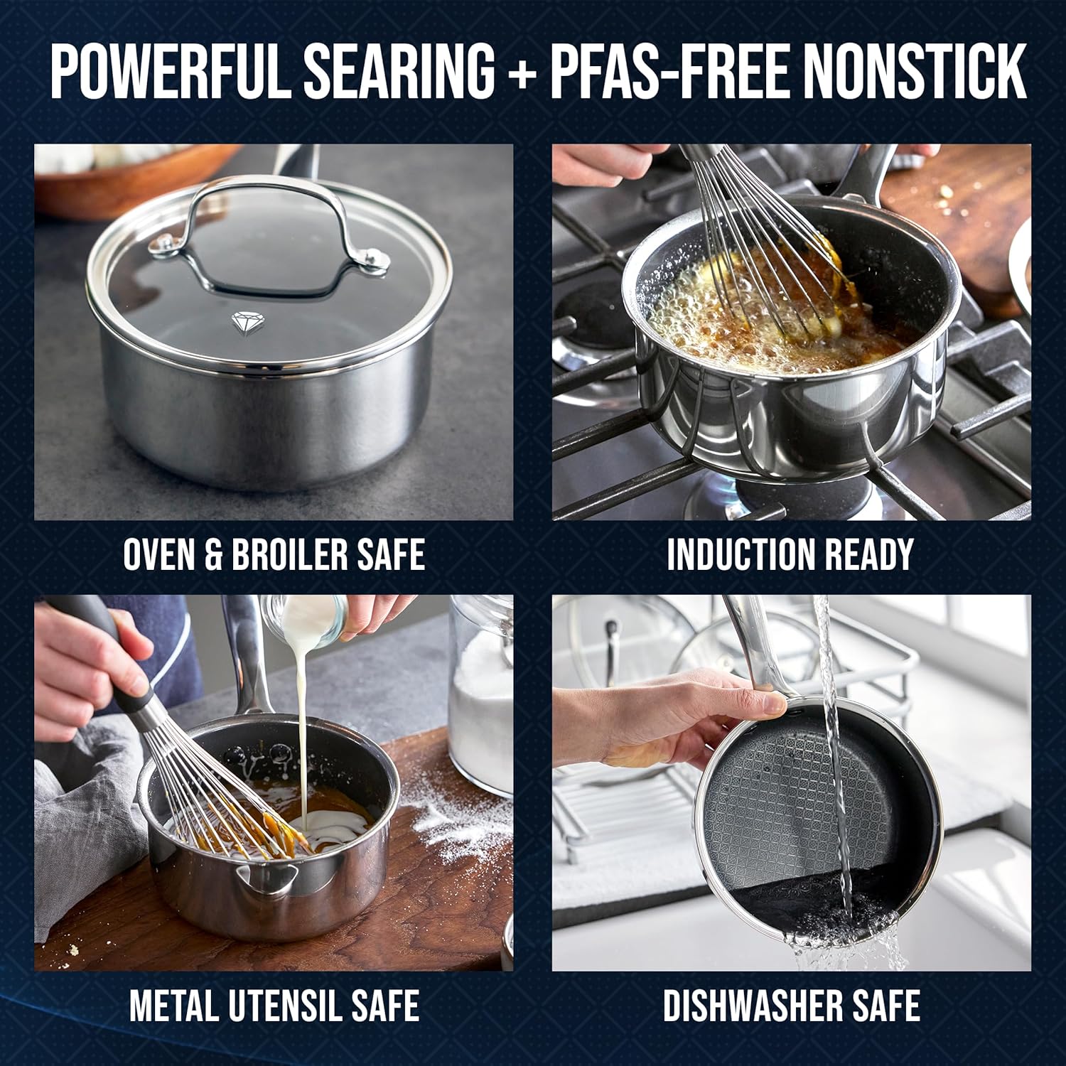 Blue Diamond Hybrid Nonstick Saucepan - 1.57QT, PFAS-Free Ceramic, Glass Lid, Induction Ready