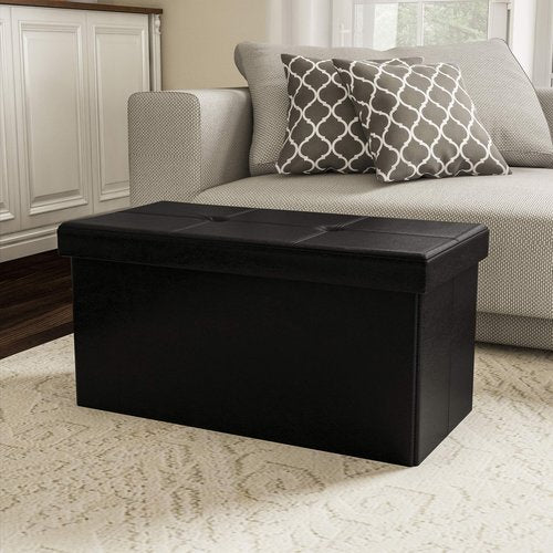 Storage Ottoman - 30-Inch Folding Faux Leather Footrest, Linen Chest, or Bench with Removable Bin for Living Room or Bedroom by Lavish Home (Black)