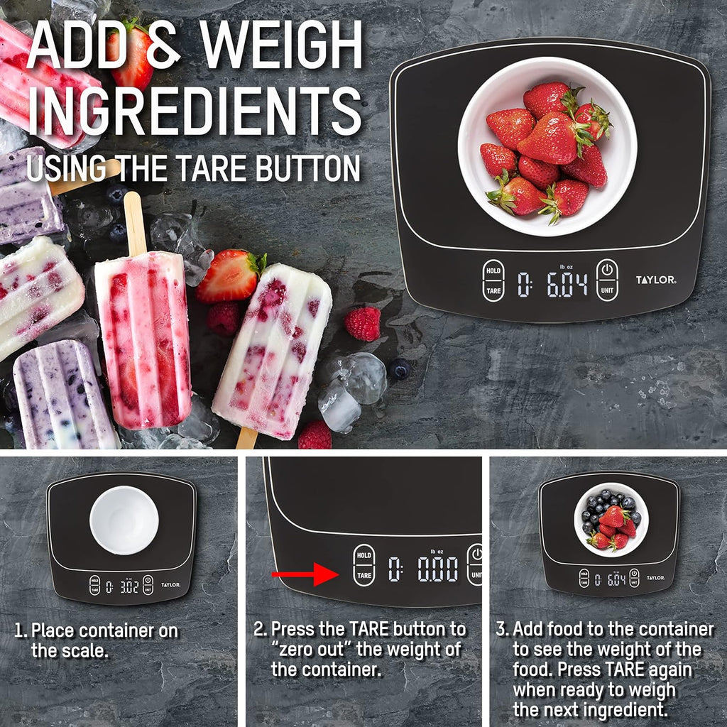 Taylor Waterproof Digital Kitchen Scale - 11 Pounds Capacity | Sleek Black Design