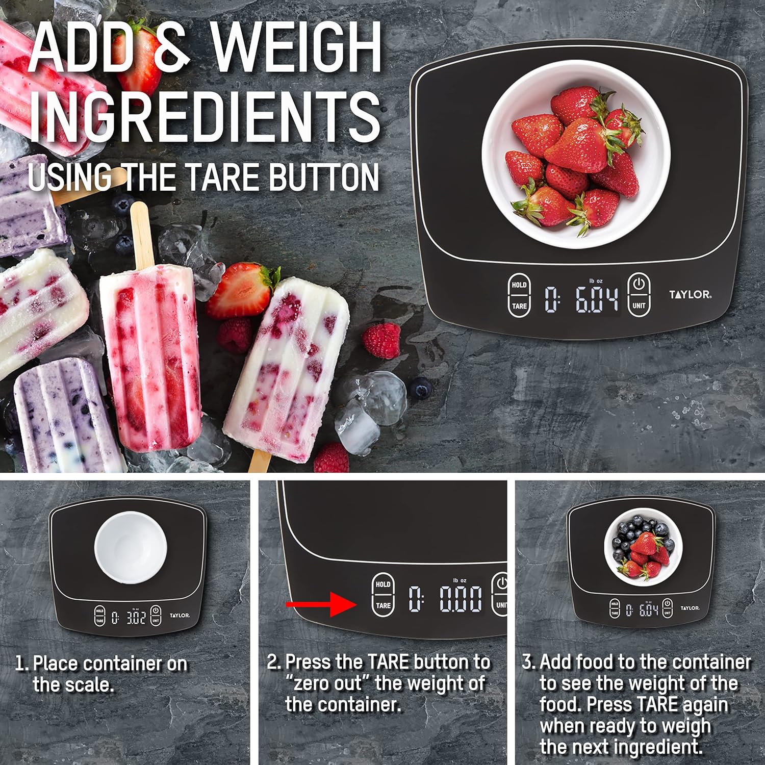 Taylor Waterproof Digital Kitchen Scale - 11 Pounds Capacity | Sleek Black Design