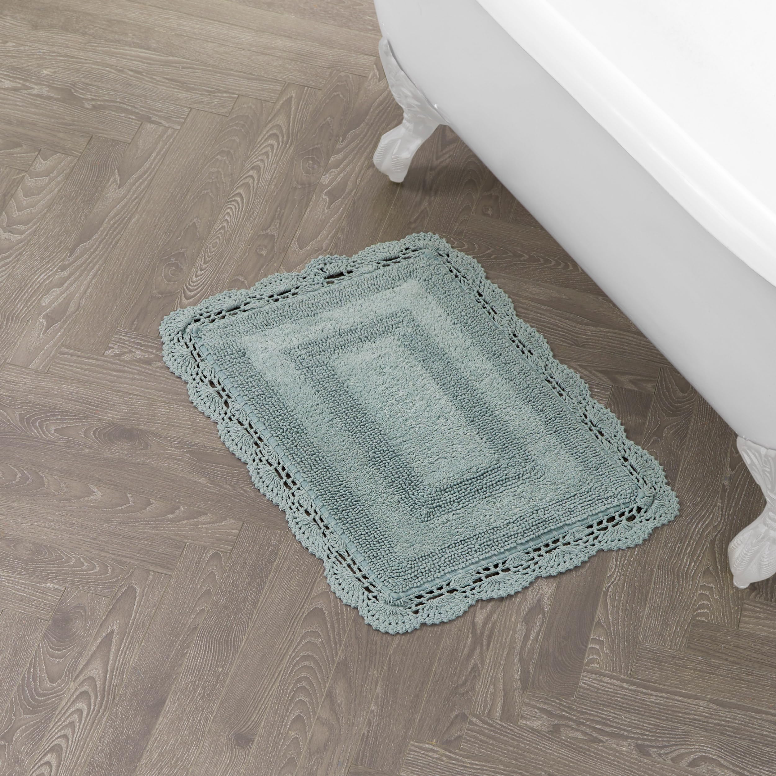 Laura Ashley Absorbent Bath Mat Reversible Crochet Soft and Plush Bathroom Mat 100% Cotton 17x24 Bath Rug, Aqua Blue