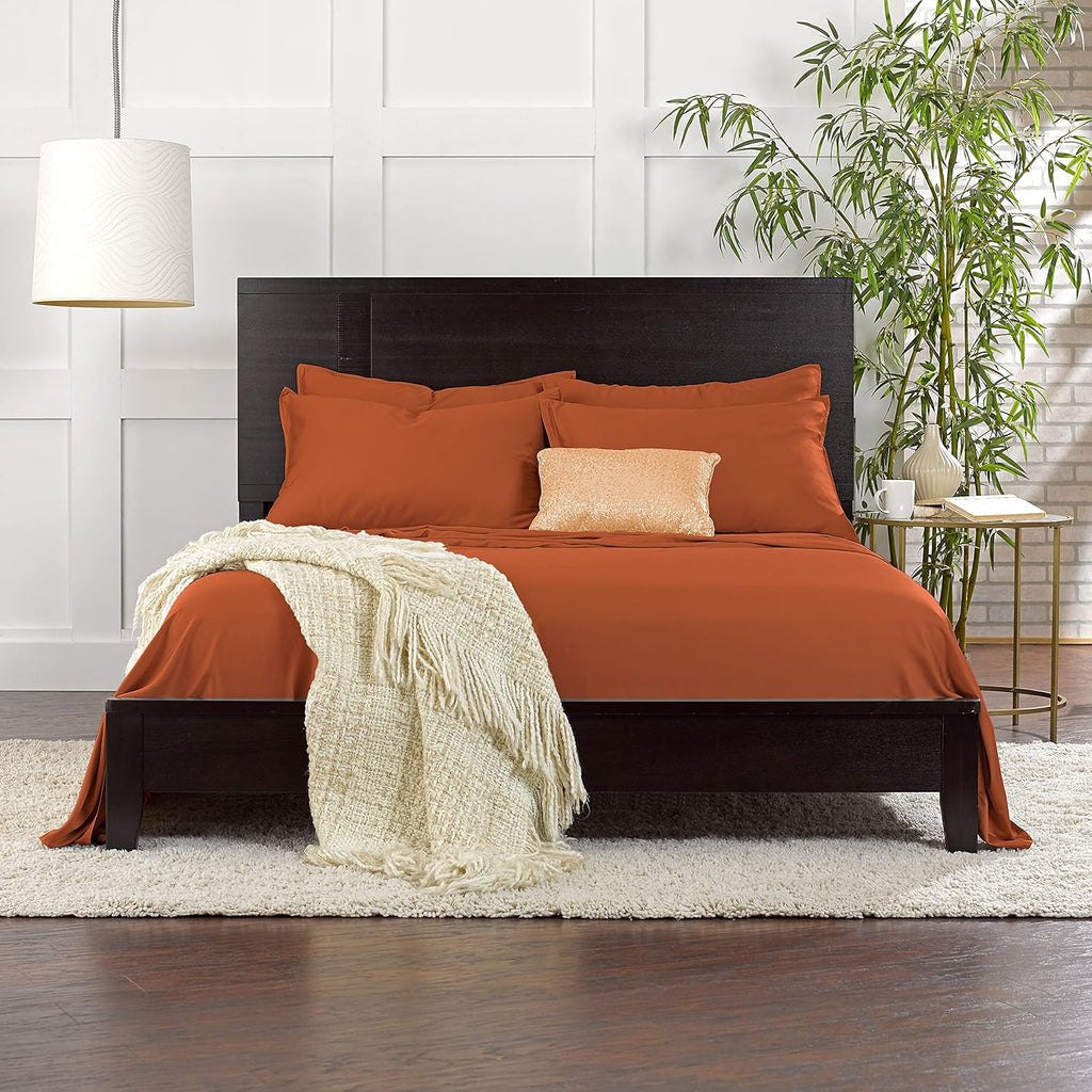 Pure Bamboo Queen Sheets - Luxuriously Soft & Cooling 100% Organic Viscose Bed Sheet Set | Terracotta, Double Stitching