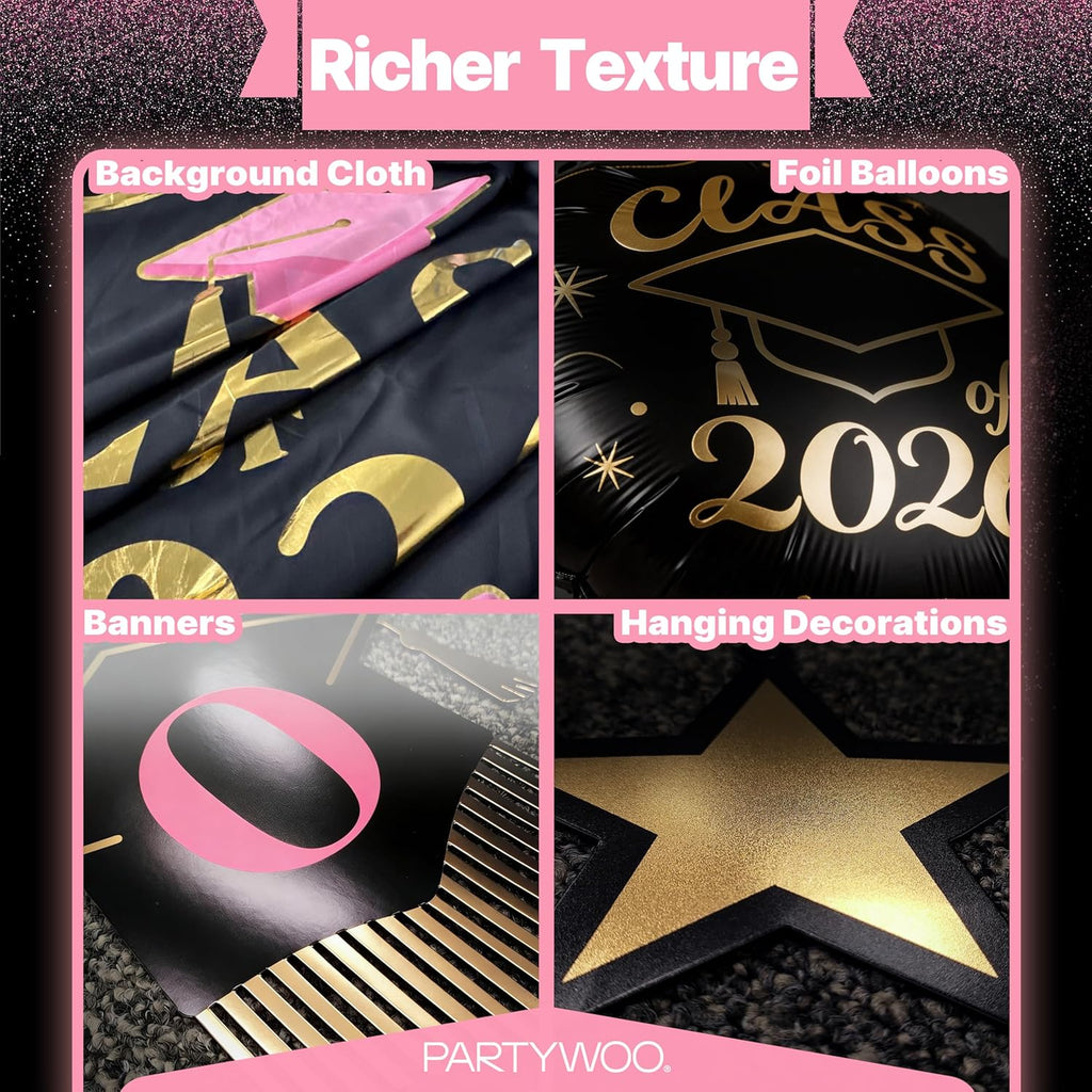 PartyWoo Graduation Decorations - Class of 2026 Black, Pink & Gold 40pcs Set with Backdrop & Balloons