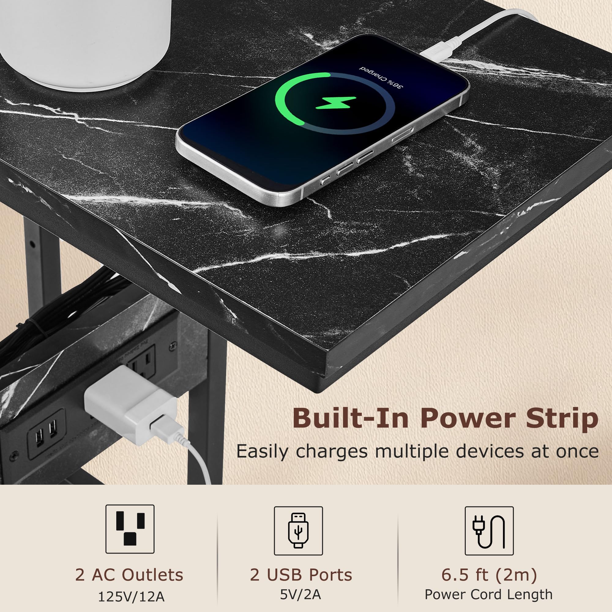 VECELO C-Shaped End Side Table with Charging Station & 2 USB Ports and Outlets for Living Room, Bedroom, with Adjustable Feet for Couch Sofa, Bedside, Small Spaces， Black Marble