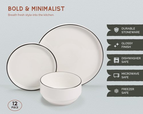 Cambridge Classics 12-Piece Ceramic Dinnerware Set - Round, Microwave & Dishwasher Safe, French Design