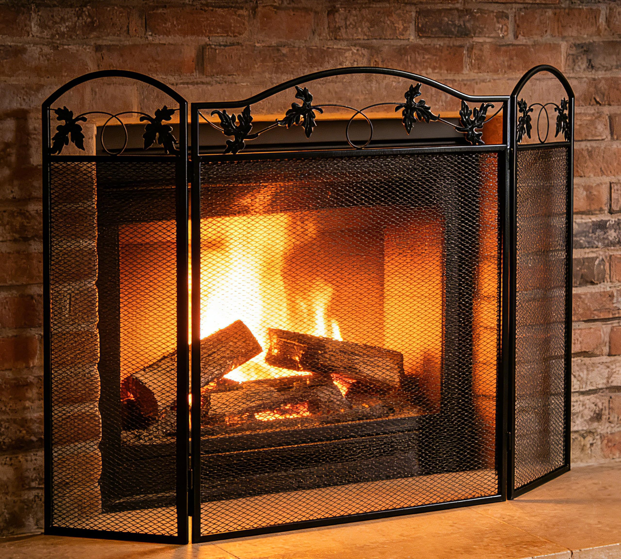 Calidola 3-Panel Foldable Black Steel Fireplace Screen Spark Guard Fence,Leaf Design Screen Metal Decorative Mesh Cover
