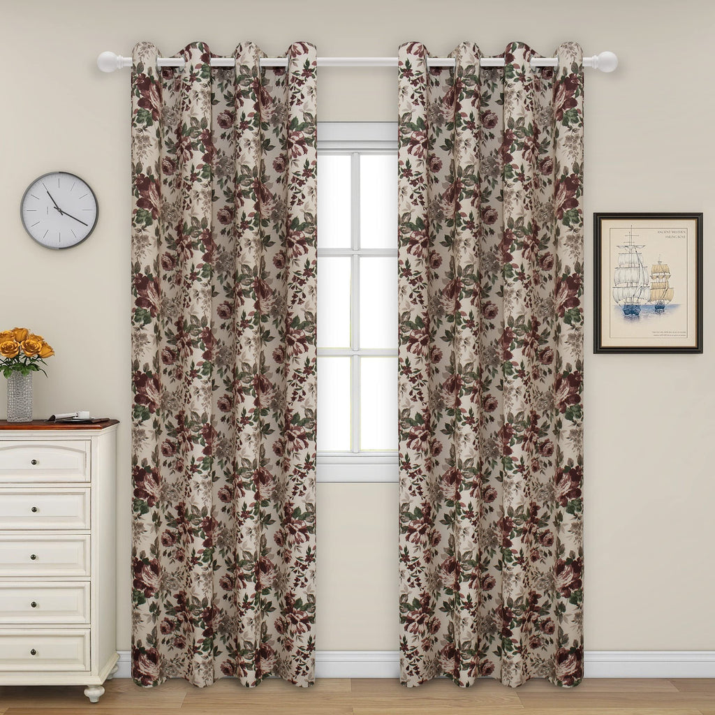 Easy-Going Floral Printed Blackout Curtain 84 Inch Length Grommet Thermal Insulated Room Darkening Window Curtain for Bedroom, Living Room, Kids Room (Set of 2 Panels, Beige)