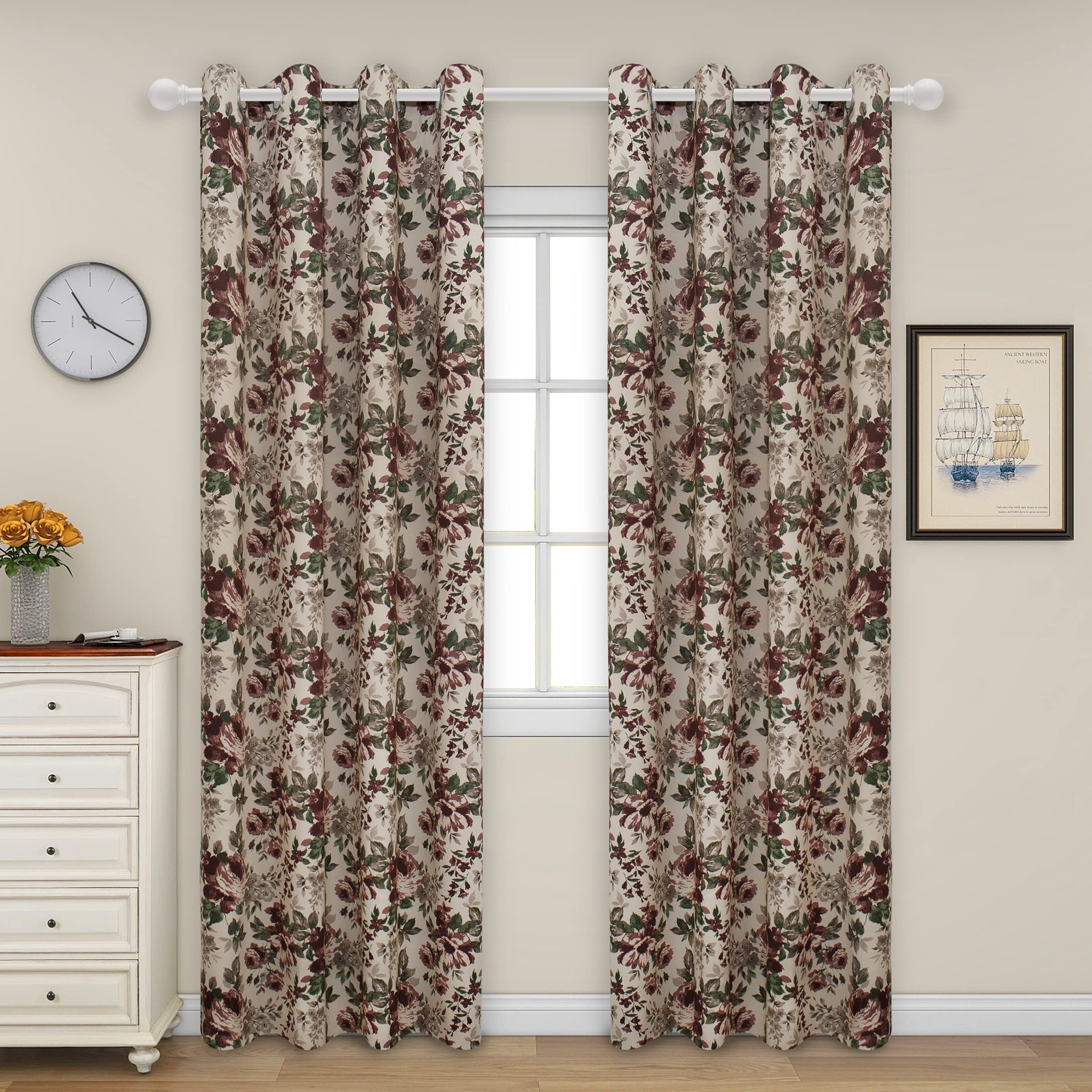 Easy-Going Floral Printed Blackout Curtain 84 Inch Length Grommet Thermal Insulated Room Darkening Window Curtain for Bedroom, Living Room, Kids Room (Set of 2 Panels, Beige)