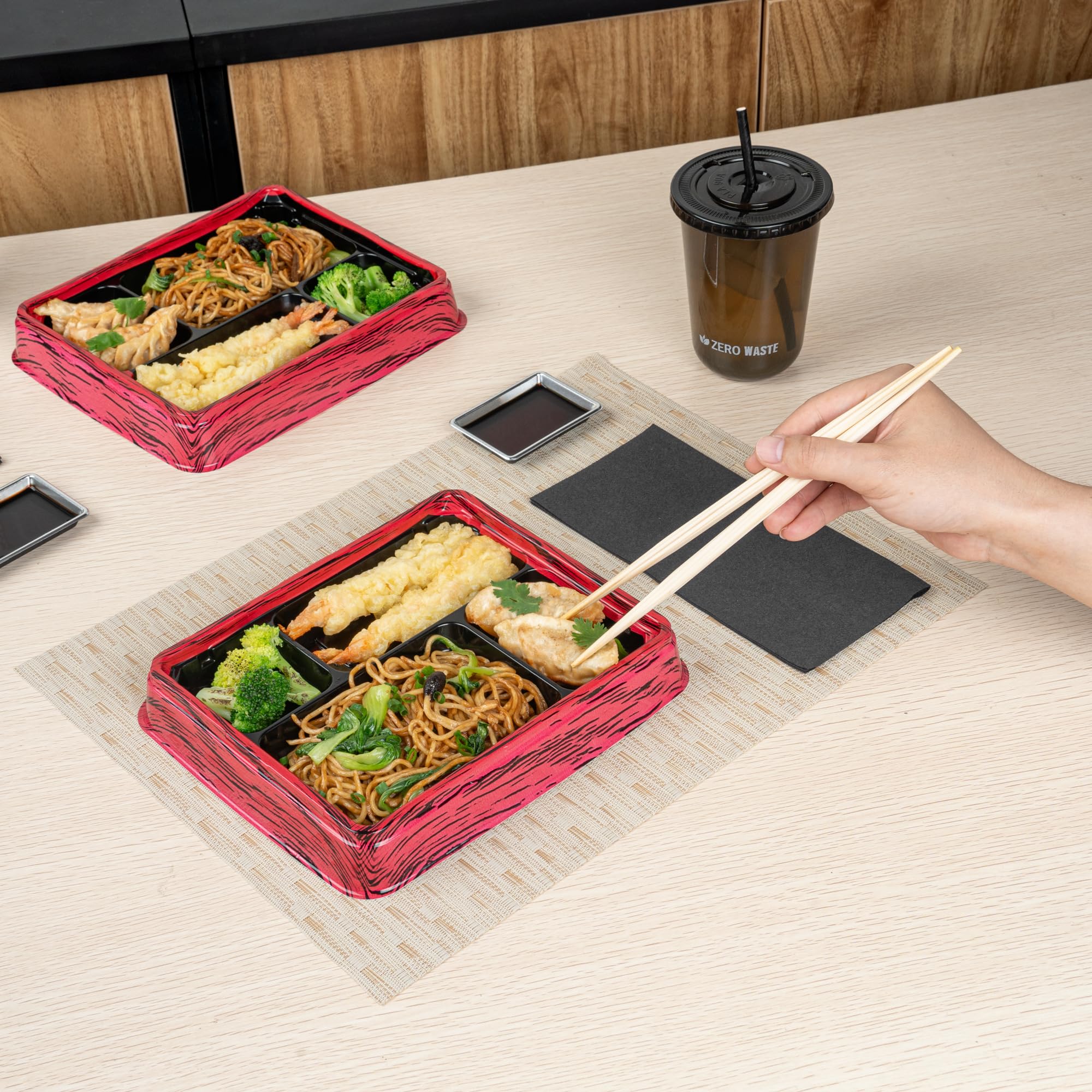 Restaurantware Bento Tek 15.2 Ounce Meal Prep Containers, 50 Disposable To Go Food Boxes - Lids Sold Separately, 4 Compartments, Red And Black Plastic Bento Lunch Boxes, Freezable, For Take Out
